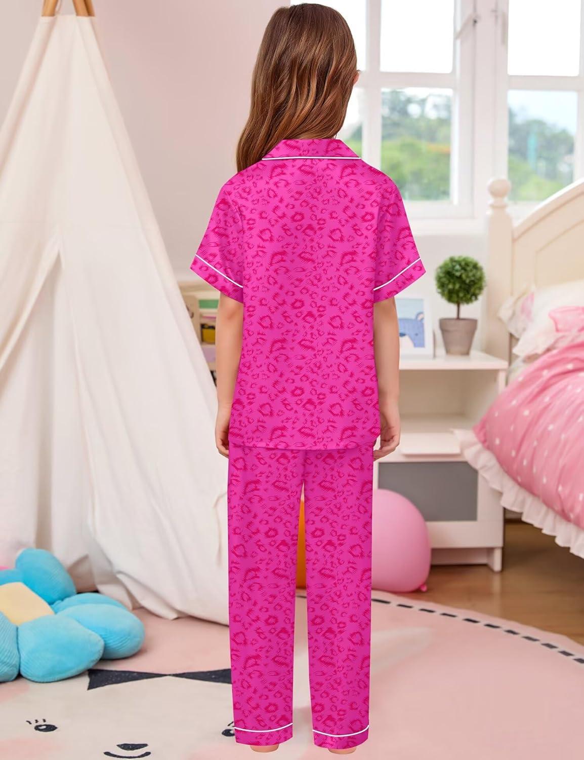 imageSWOMOG 4 pcs Kids Girls Satin Pajamas Set Silk ButtonDown PJs Sets Soft Lounge Sets Long Sleeve Sleepwear3 Pcshot Pink Leopard