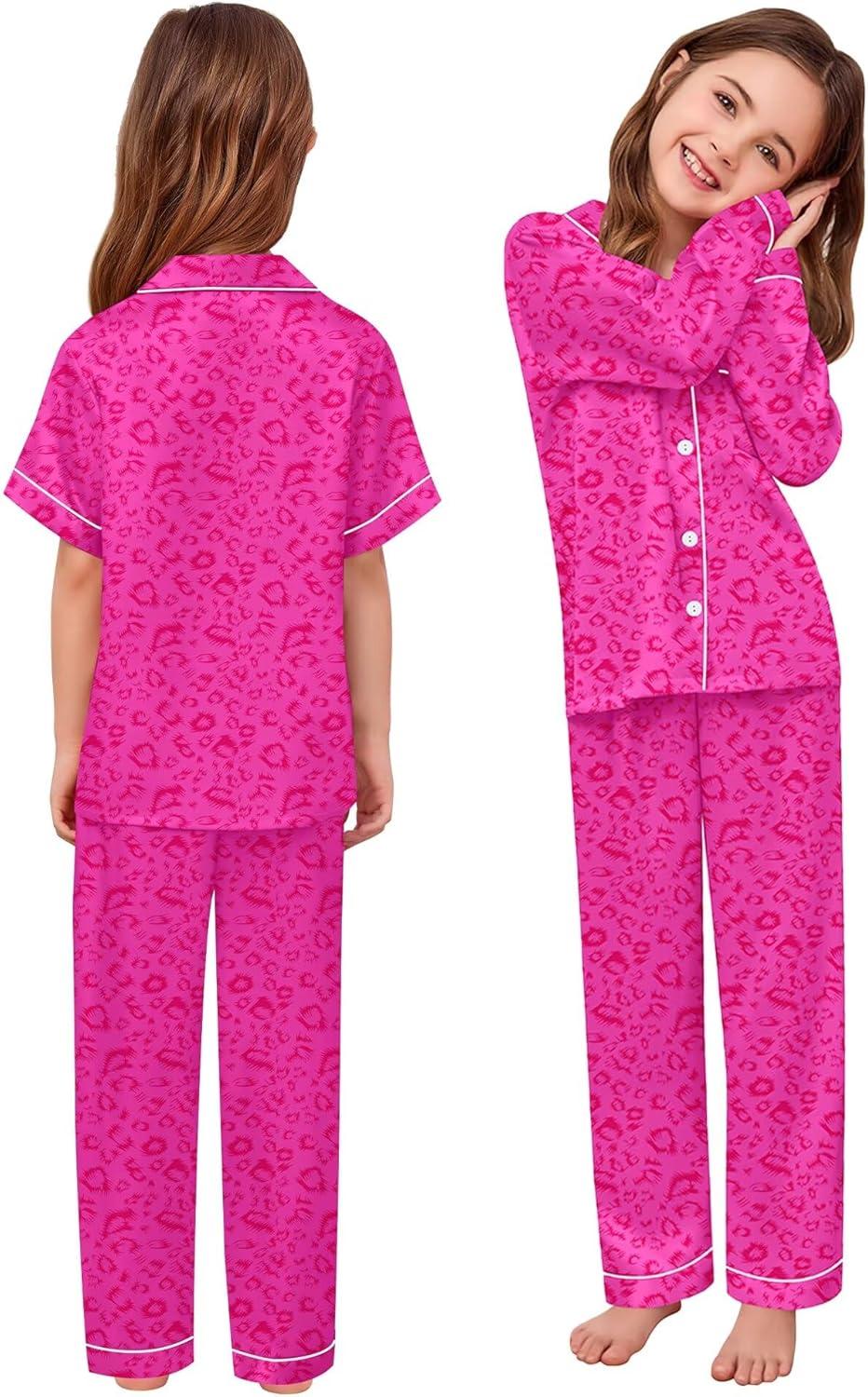 imageSWOMOG 4 pcs Kids Girls Satin Pajamas Set Silk ButtonDown PJs Sets Soft Lounge Sets Long Sleeve Sleepwear3 Pcshot Pink Leopard
