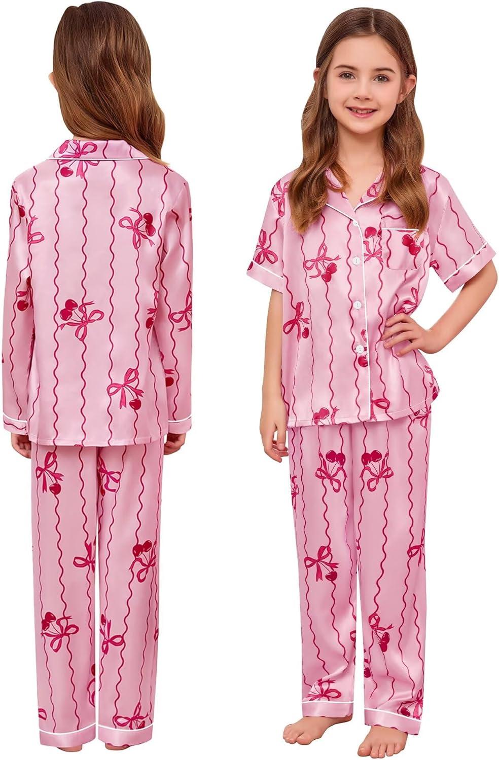 imageSWOMOG 4 pcs Kids Girls Satin Pajamas Set Silk ButtonDown PJs Sets Soft Lounge Sets Long Sleeve Sleepwear3 Pcspink Stripes
