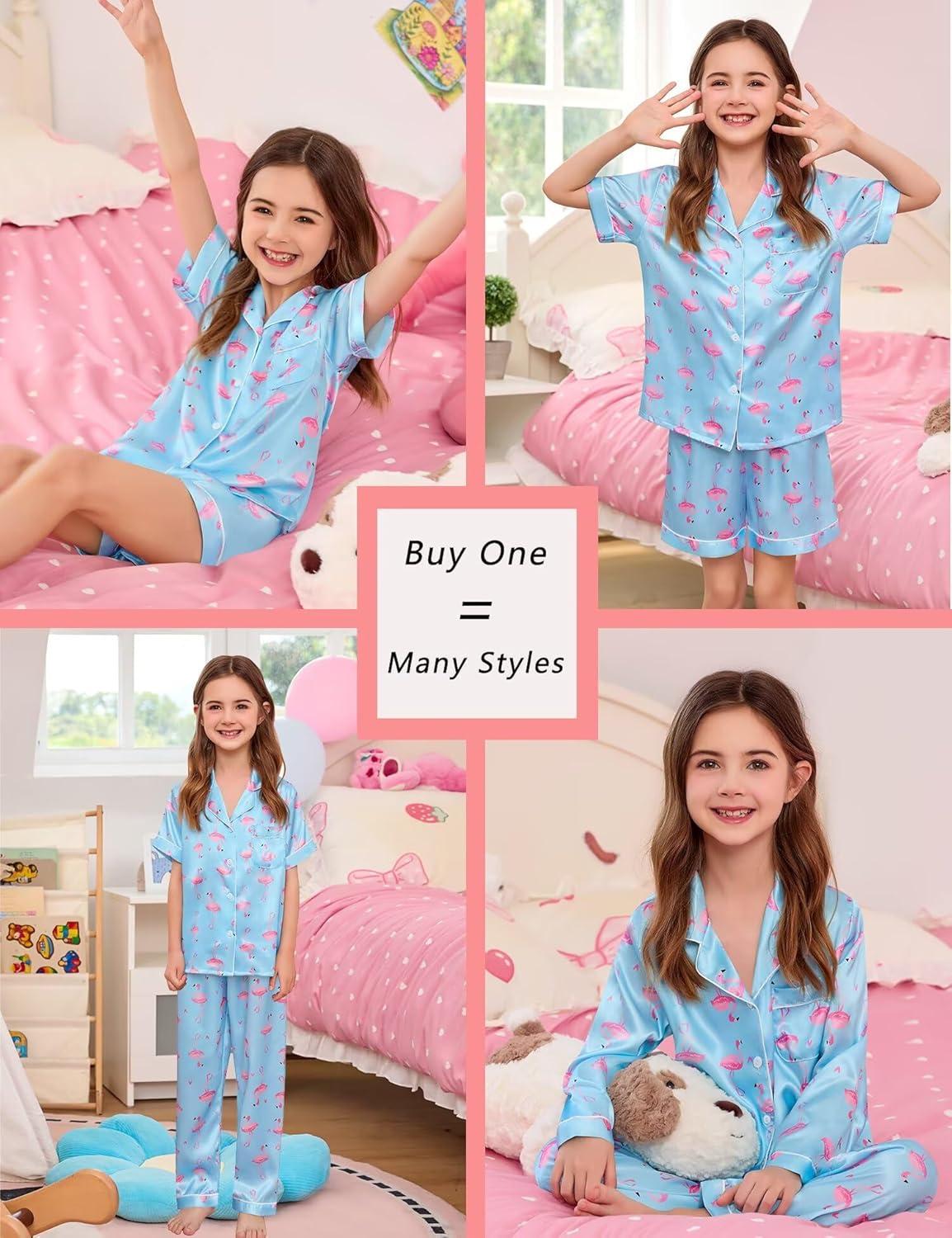 imageSWOMOG 4 pcs Kids Girls Satin Pajamas Set Silk ButtonDown PJs Sets Soft Lounge Sets Long Sleeve Sleepwear4 Pcsblue Flamingo