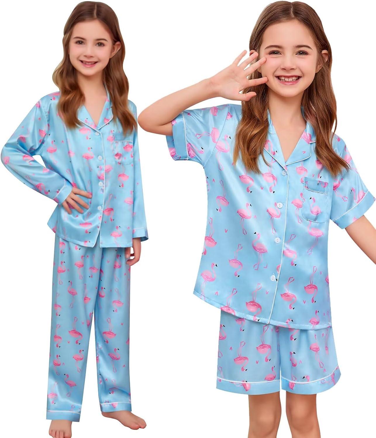 imageSWOMOG 4 pcs Kids Girls Satin Pajamas Set Silk ButtonDown PJs Sets Soft Lounge Sets Long Sleeve Sleepwear4 Pcsblue Flamingo