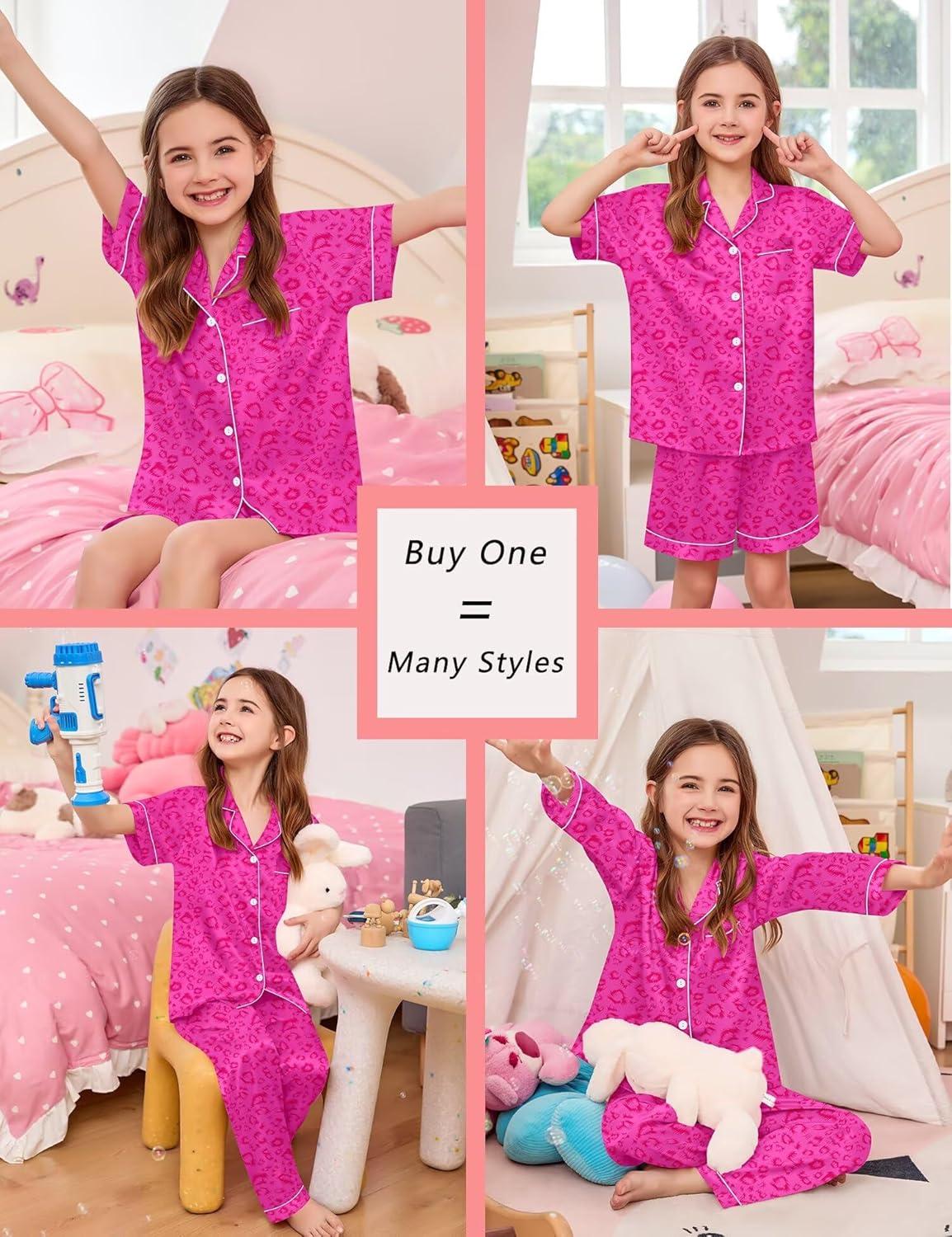 imageSWOMOG 4 pcs Kids Girls Satin Pajamas Set Silk ButtonDown PJs Sets Soft Lounge Sets Long Sleeve Sleepwear4 Pcshot Pink Leopard