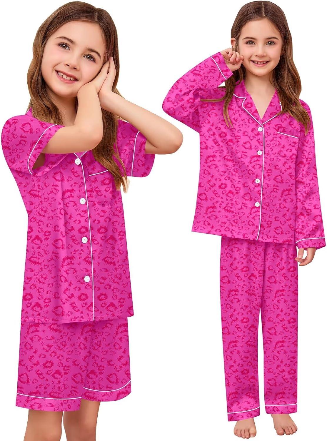 imageSWOMOG 4 pcs Kids Girls Satin Pajamas Set Silk ButtonDown PJs Sets Soft Lounge Sets Long Sleeve Sleepwear4 Pcshot Pink Leopard
