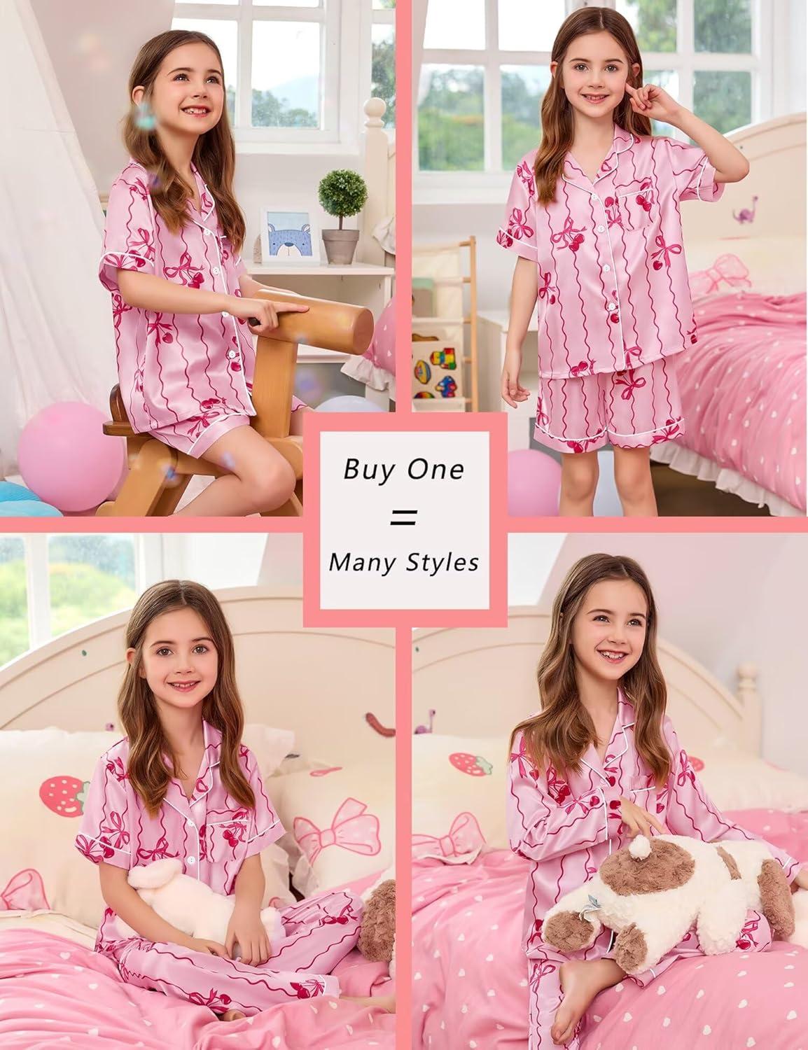 imageSWOMOG 4 pcs Kids Girls Satin Pajamas Set Silk ButtonDown PJs Sets Soft Lounge Sets Long Sleeve Sleepwear4 Pcspink Bow