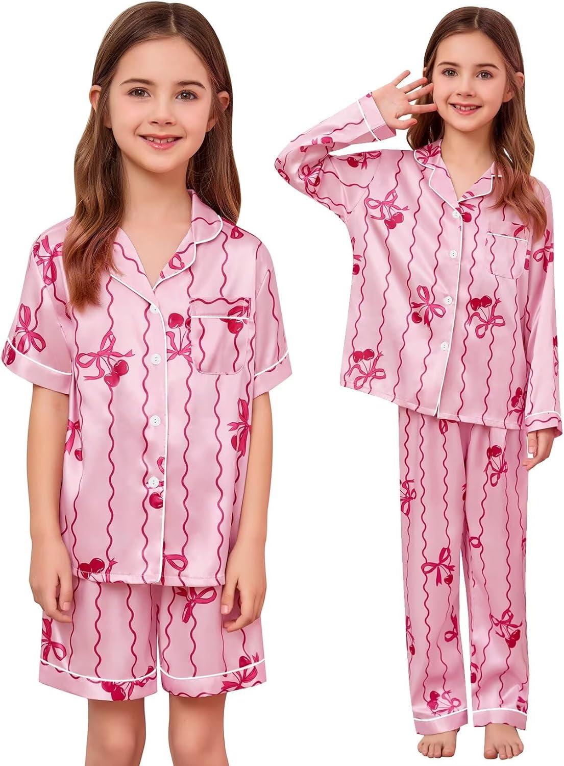 imageSWOMOG 4 pcs Kids Girls Satin Pajamas Set Silk ButtonDown PJs Sets Soft Lounge Sets Long Sleeve Sleepwear4 Pcspink Bow