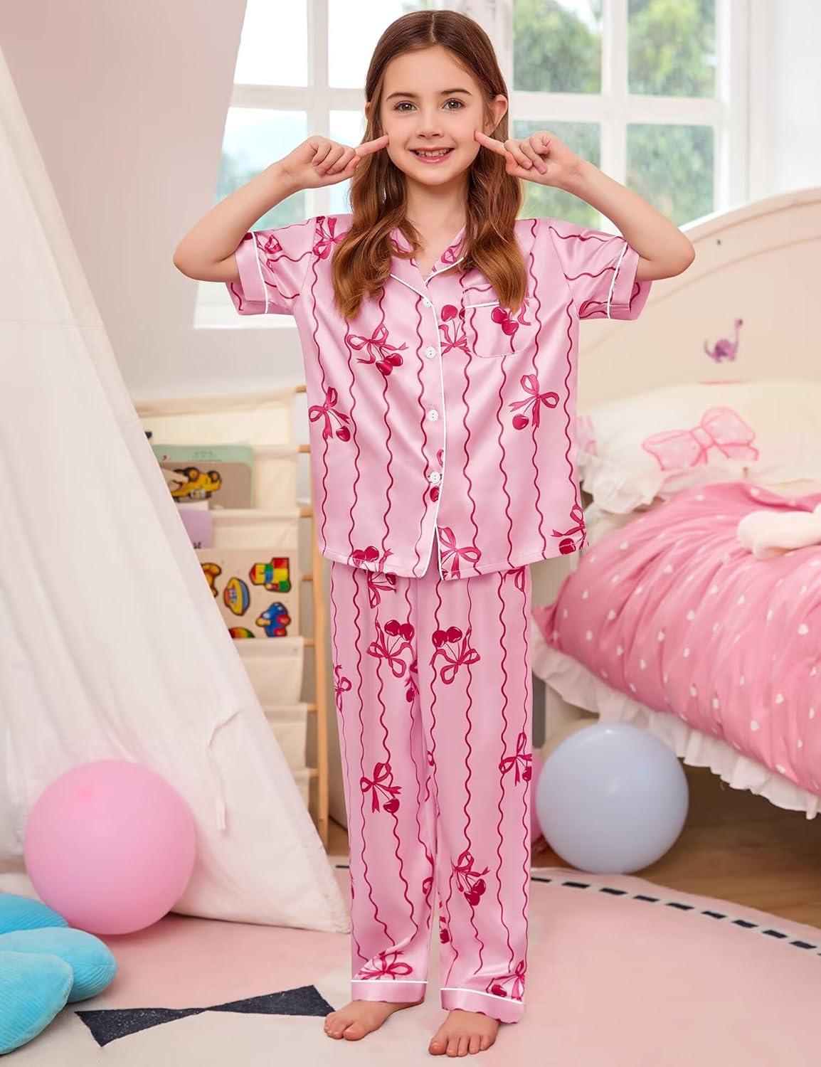 imageSWOMOG 4 pcs Kids Girls Satin Pajamas Set Silk ButtonDown PJs Sets Soft Lounge Sets Long Sleeve Sleepwear4 Pcspink Bow