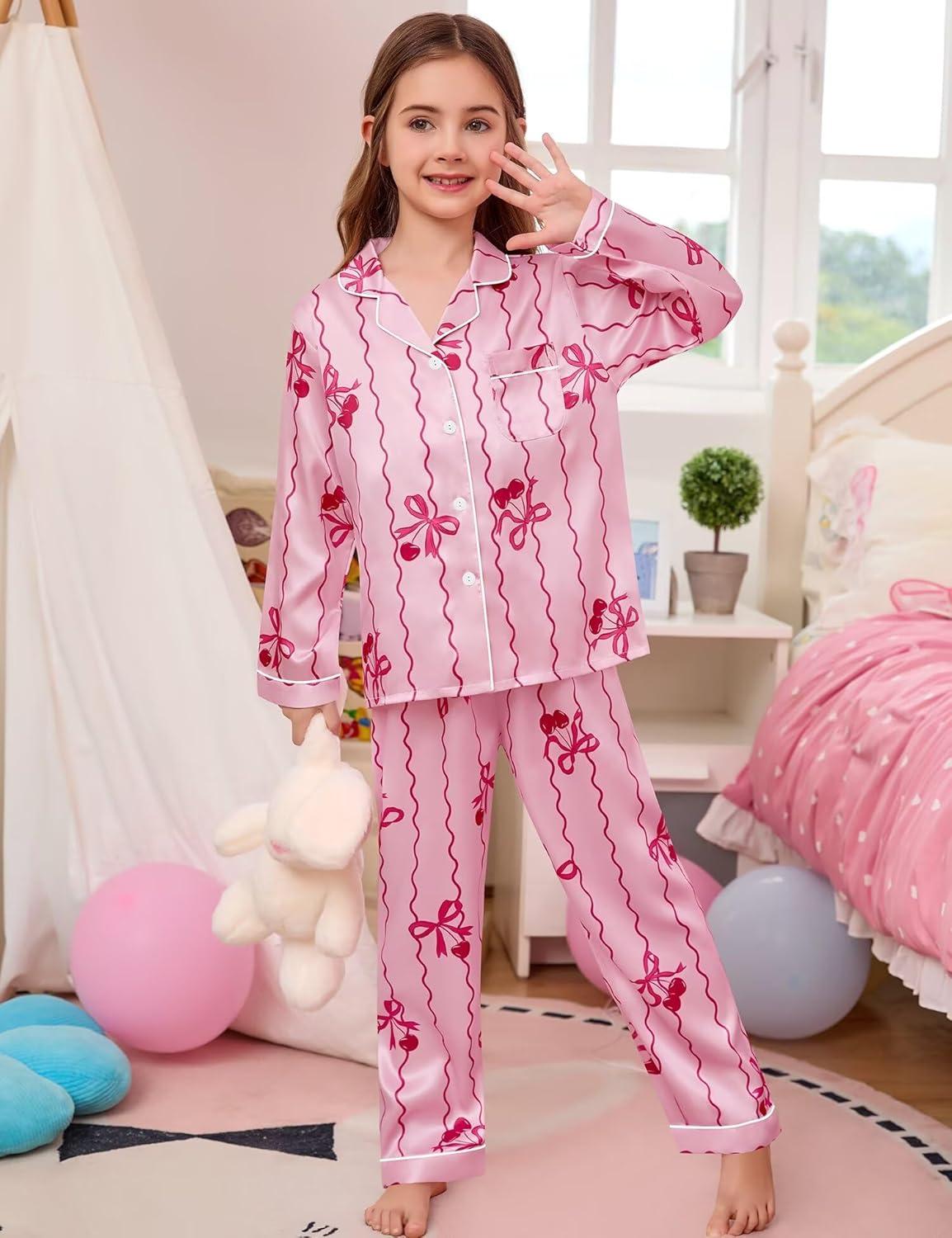 imageSWOMOG 4 pcs Kids Girls Satin Pajamas Set Silk ButtonDown PJs Sets Soft Lounge Sets Long Sleeve Sleepwear4 Pcspink Bow