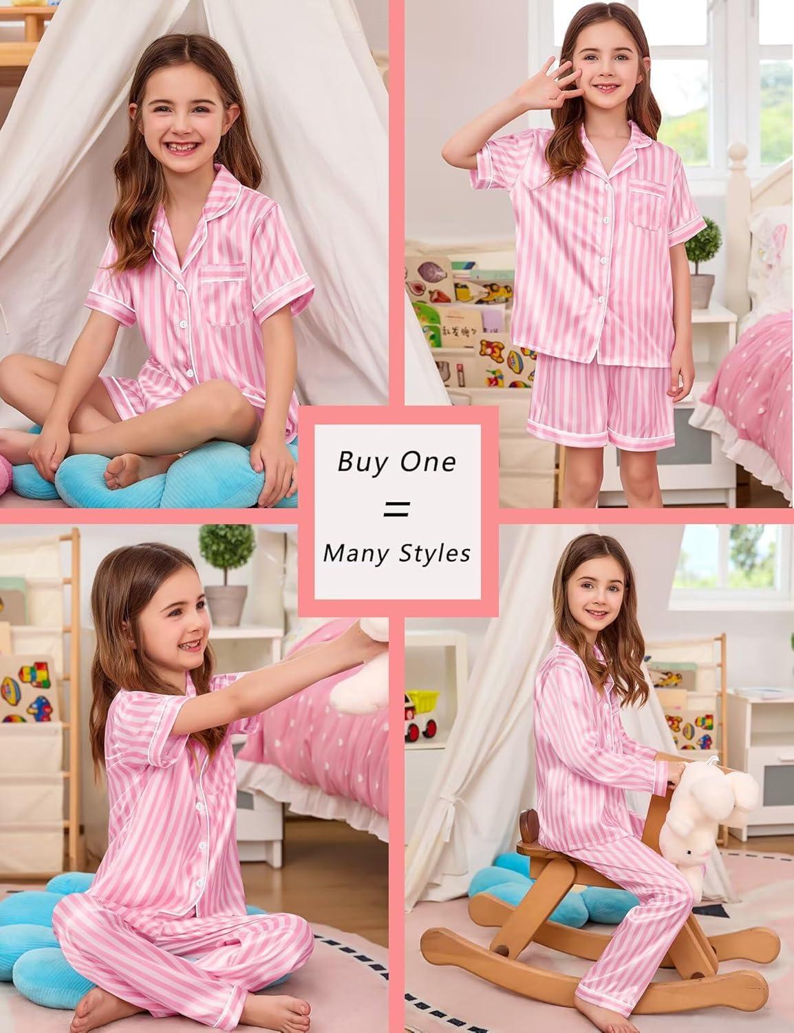 imageSWOMOG 4 pcs Kids Girls Satin Pajamas Set Silk ButtonDown PJs Sets Soft Lounge Sets Long Sleeve Sleepwear4 Pcspink Striped