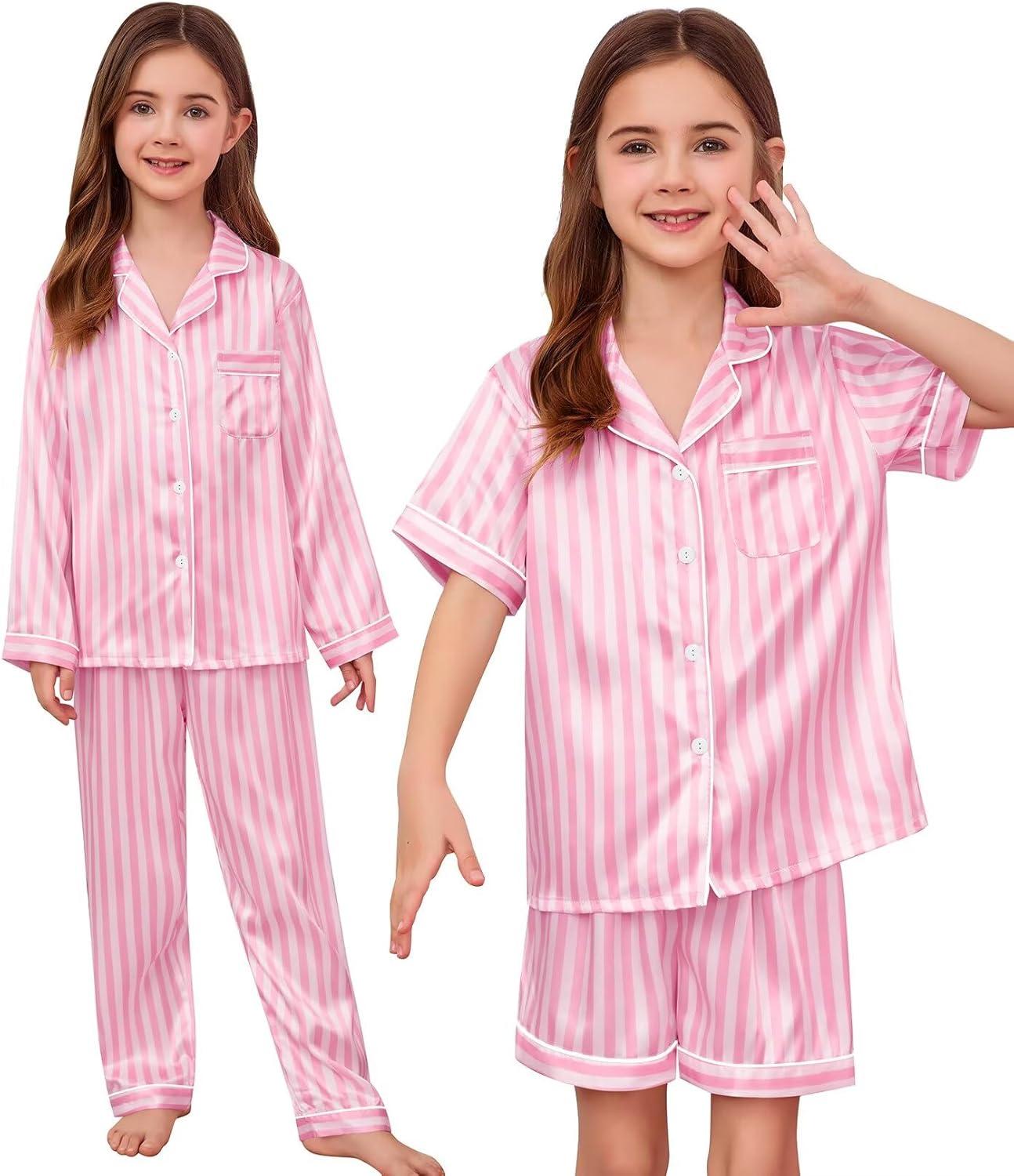 imageSWOMOG 4 pcs Kids Girls Satin Pajamas Set Silk ButtonDown PJs Sets Soft Lounge Sets Long Sleeve Sleepwear4 Pcspink Striped
