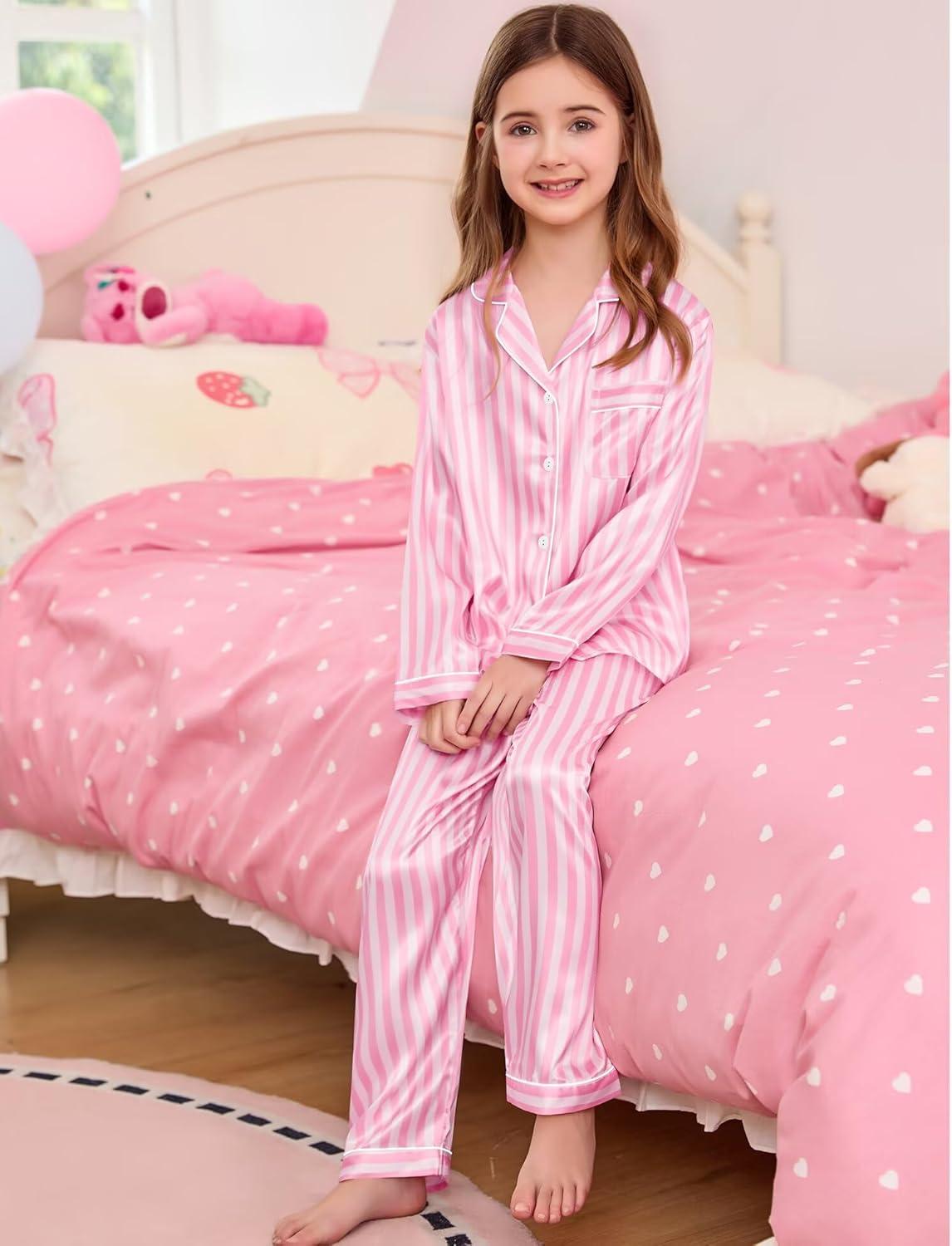 imageSWOMOG 4 pcs Kids Girls Satin Pajamas Set Silk ButtonDown PJs Sets Soft Lounge Sets Long Sleeve Sleepwear4 Pcspink Striped