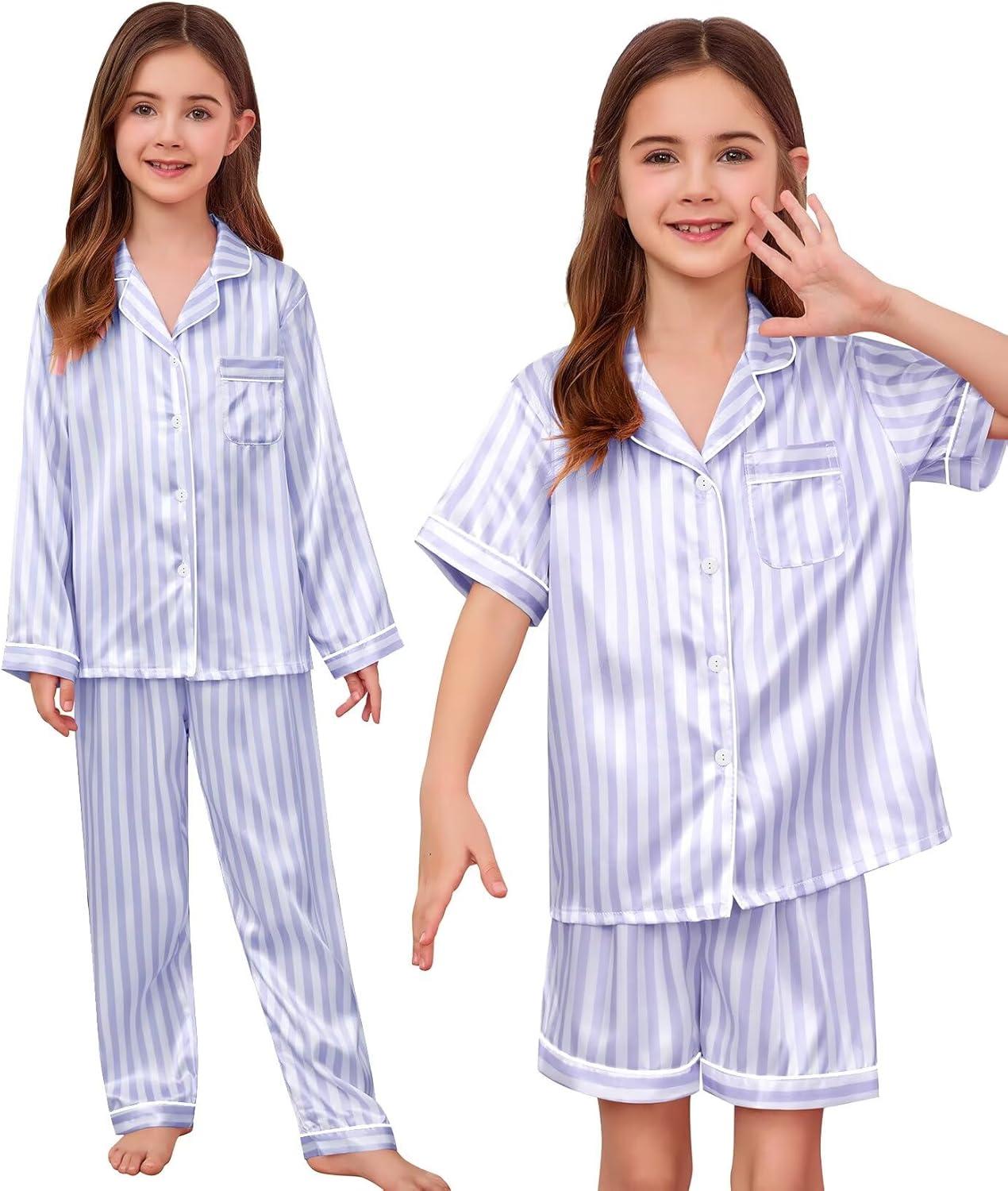 imageSWOMOG 4 pcs Kids Girls Satin Pajamas Set Silk ButtonDown PJs Sets Soft Lounge Sets Long Sleeve Sleepwear4 Pcspurple Striped