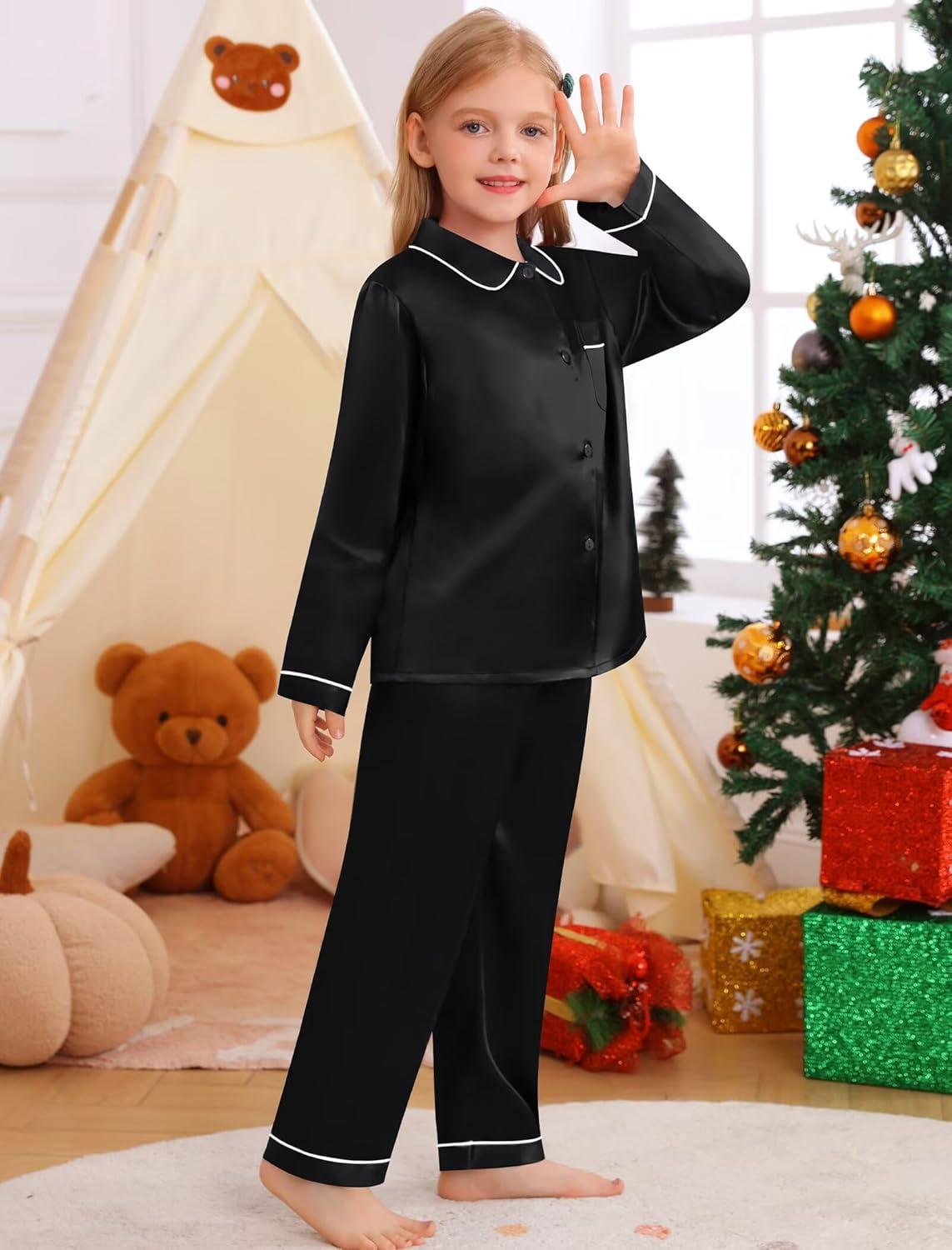 imageSWOMOG Family Matching Pajama Set 2Pcs Silk Satin Sleepwear Long Sleeve Button Down LoungewearBlack