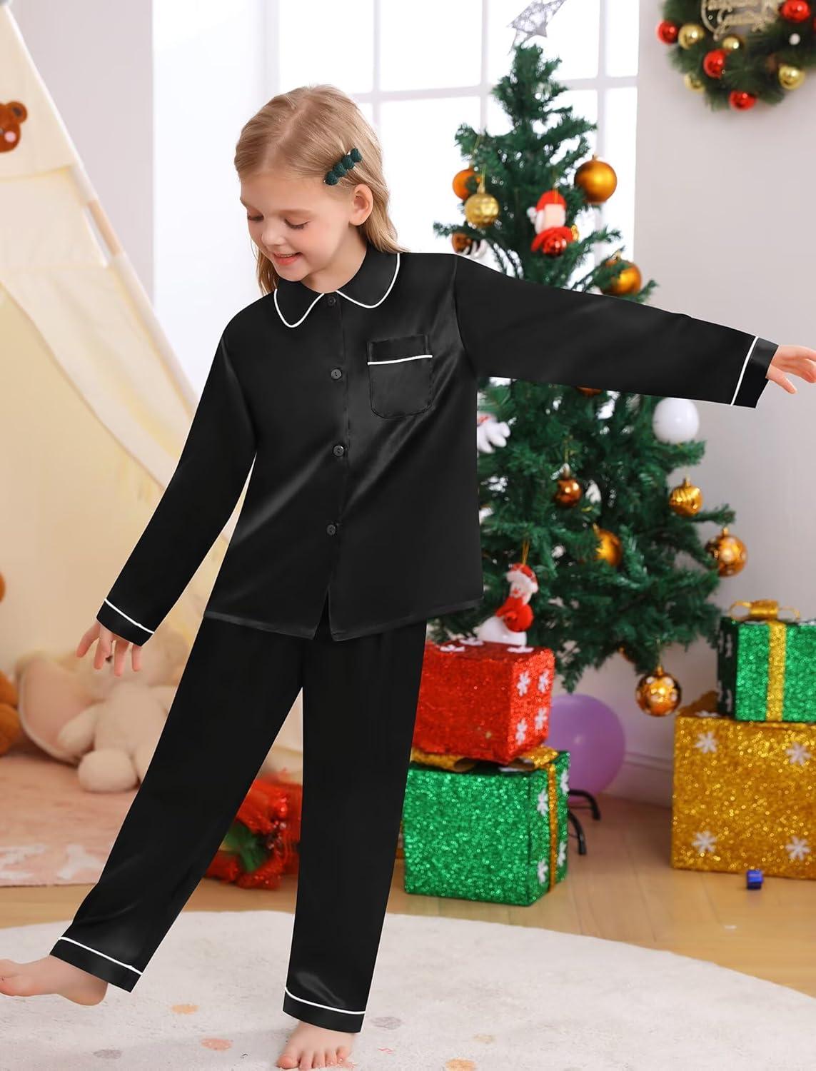 imageSWOMOG Family Matching Pajama Set 2Pcs Silk Satin Sleepwear Long Sleeve Button Down LoungewearBlack