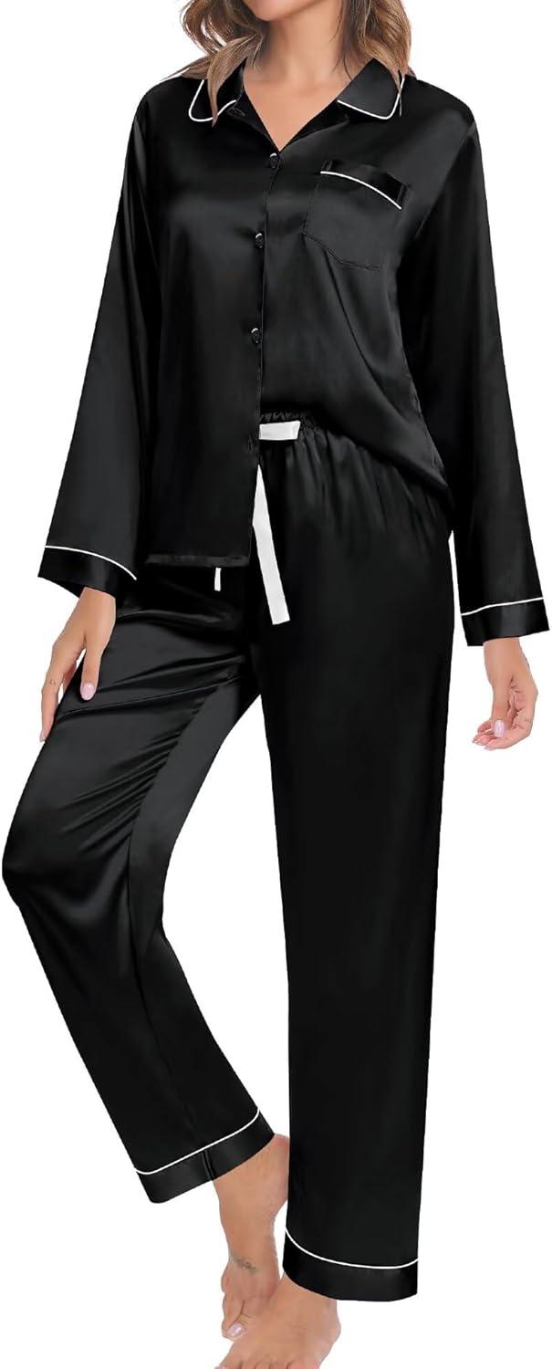 imageSWOMOG Family Matching Pajama Set 2Pcs Silk Satin Sleepwear Long Sleeve Button Down LoungewearBlack