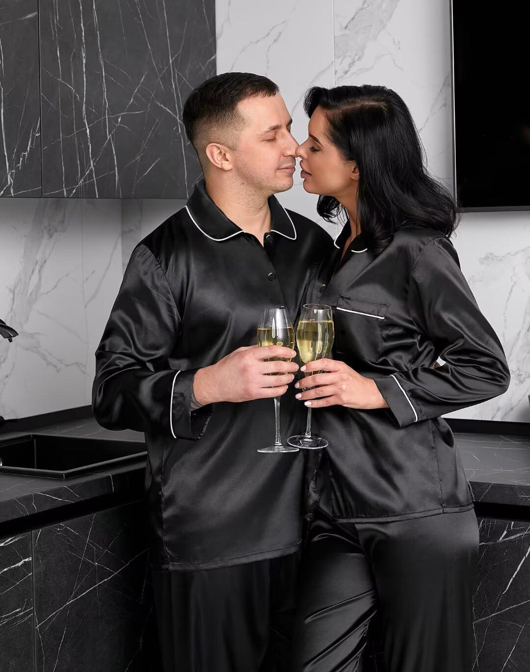 imageSWOMOG Family Matching Pajama Set 2Pcs Silk Satin Sleepwear Long Sleeve Button Down LoungewearBlack
