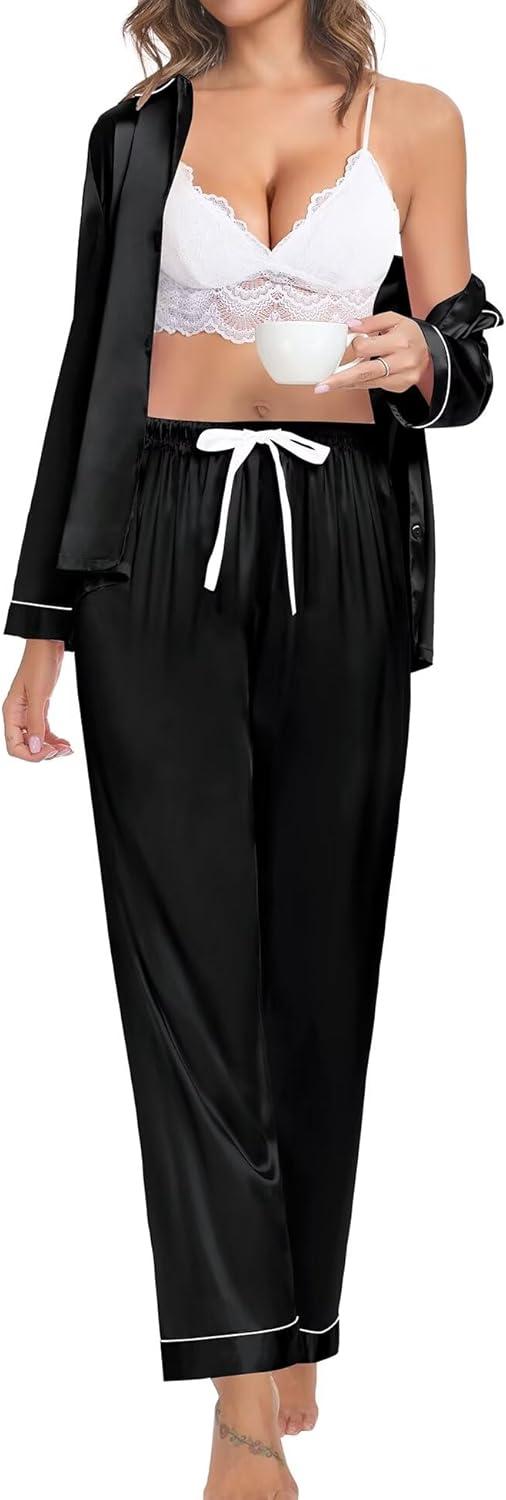 imageSWOMOG Family Matching Pajama Set 2Pcs Silk Satin Sleepwear Long Sleeve Button Down LoungewearBlack