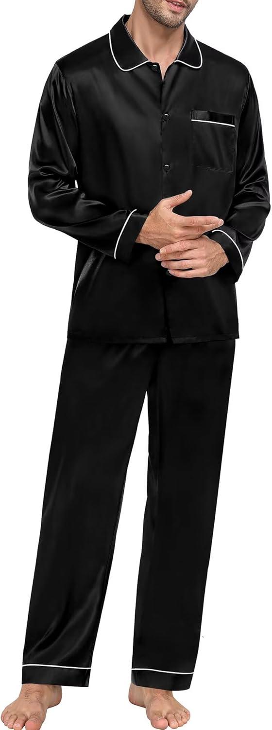 imageSWOMOG Family Matching Pajama Set 2Pcs Silk Satin Sleepwear Long Sleeve Button Down LoungewearBlack