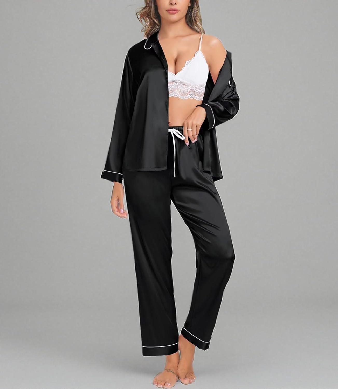 imageSWOMOG Family Matching Pajama Set 2Pcs Silk Satin Sleepwear Long Sleeve Button Down LoungewearBlack