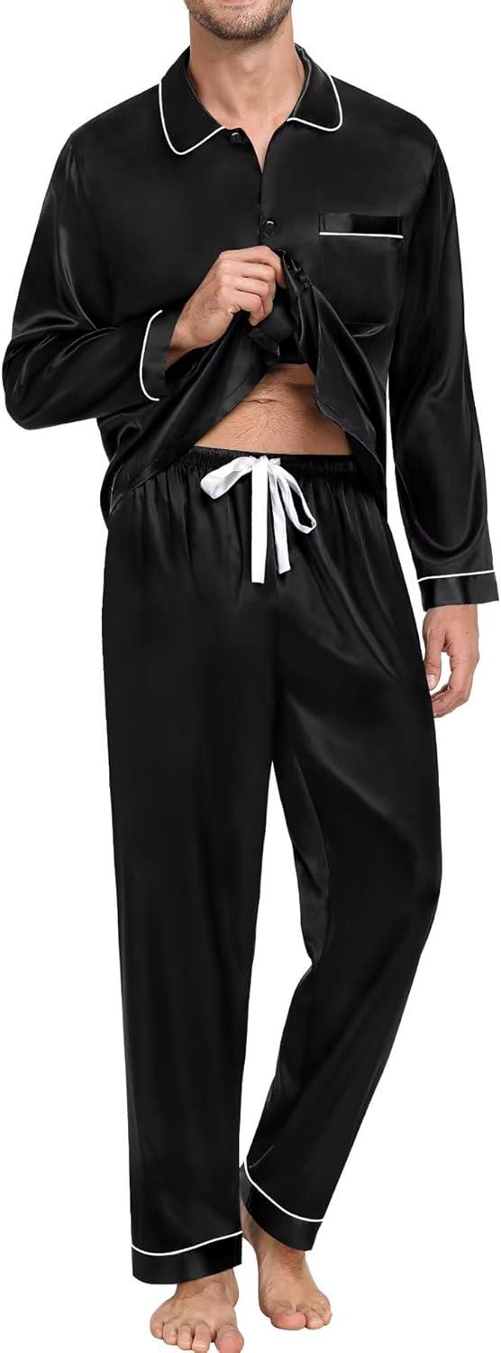 imageSWOMOG Family Matching Pajama Set 2Pcs Silk Satin Sleepwear Long Sleeve Button Down LoungewearBlack