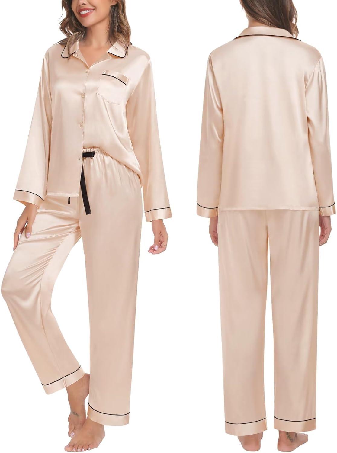 imageSWOMOG Family Matching Pajama Set 2Pcs Silk Satin Sleepwear Long Sleeve Button Down LoungewearChampagne