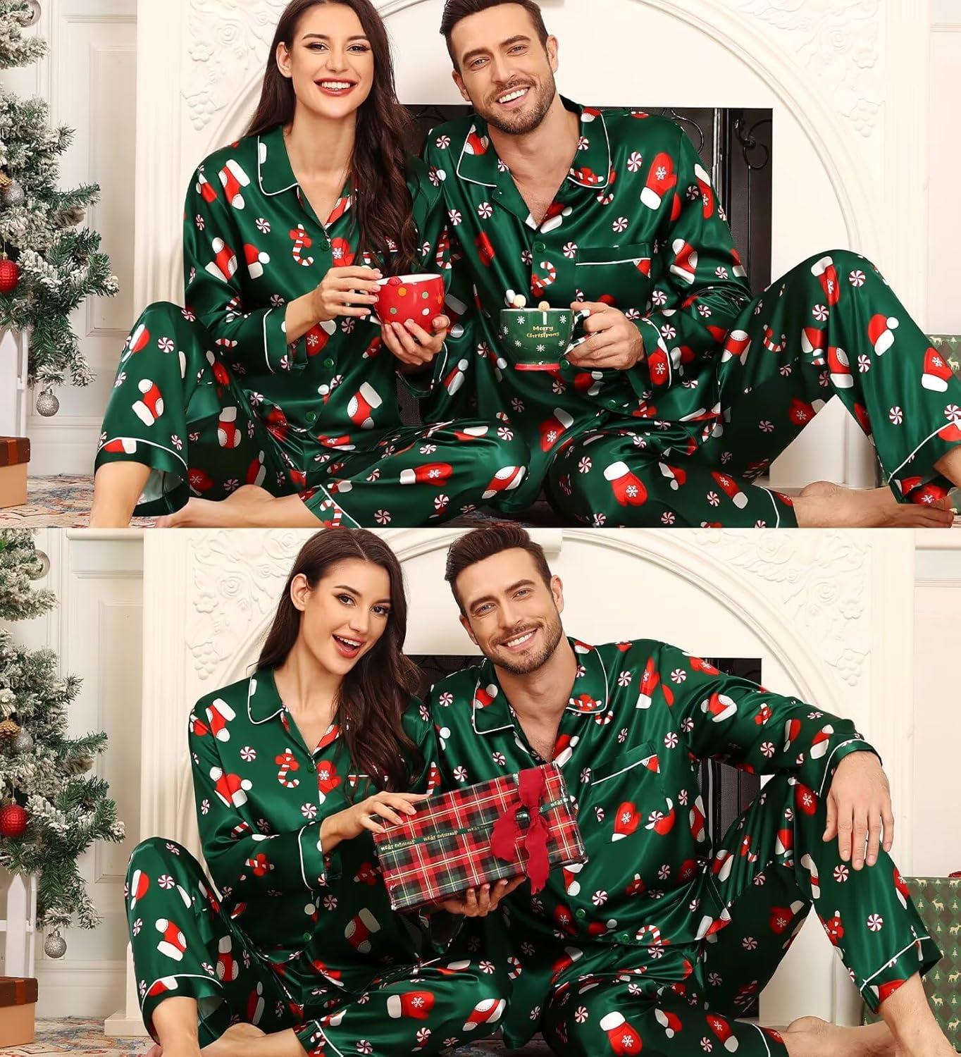 imageSWOMOG Family Matching Pajama Set 2Pcs Silk Satin Sleepwear Long Sleeve Button Down LoungewearChampagne