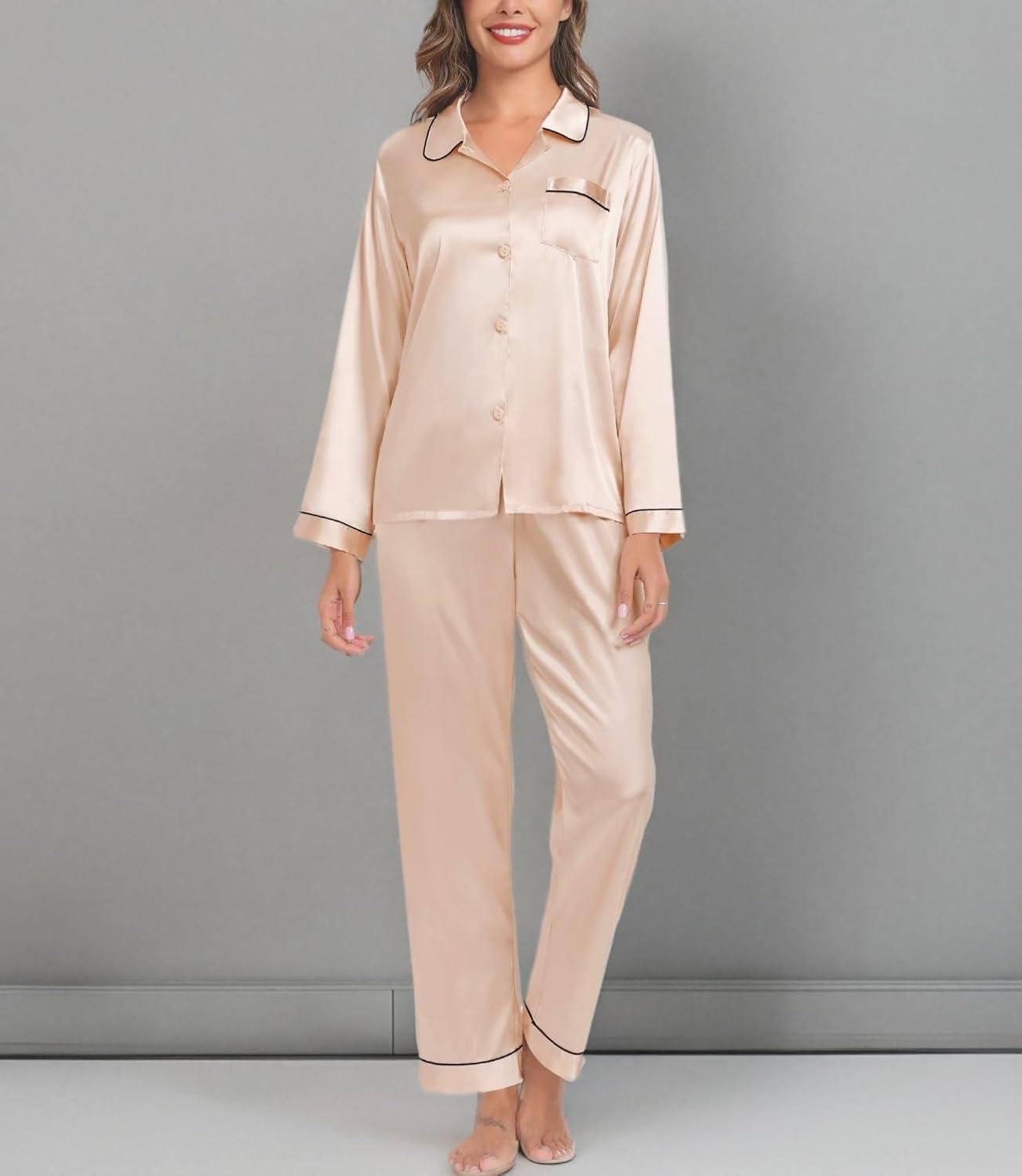 imageSWOMOG Family Matching Pajama Set 2Pcs Silk Satin Sleepwear Long Sleeve Button Down LoungewearChampagne