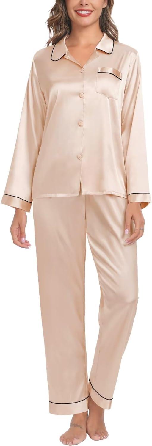 imageSWOMOG Family Matching Pajama Set 2Pcs Silk Satin Sleepwear Long Sleeve Button Down LoungewearChampagne