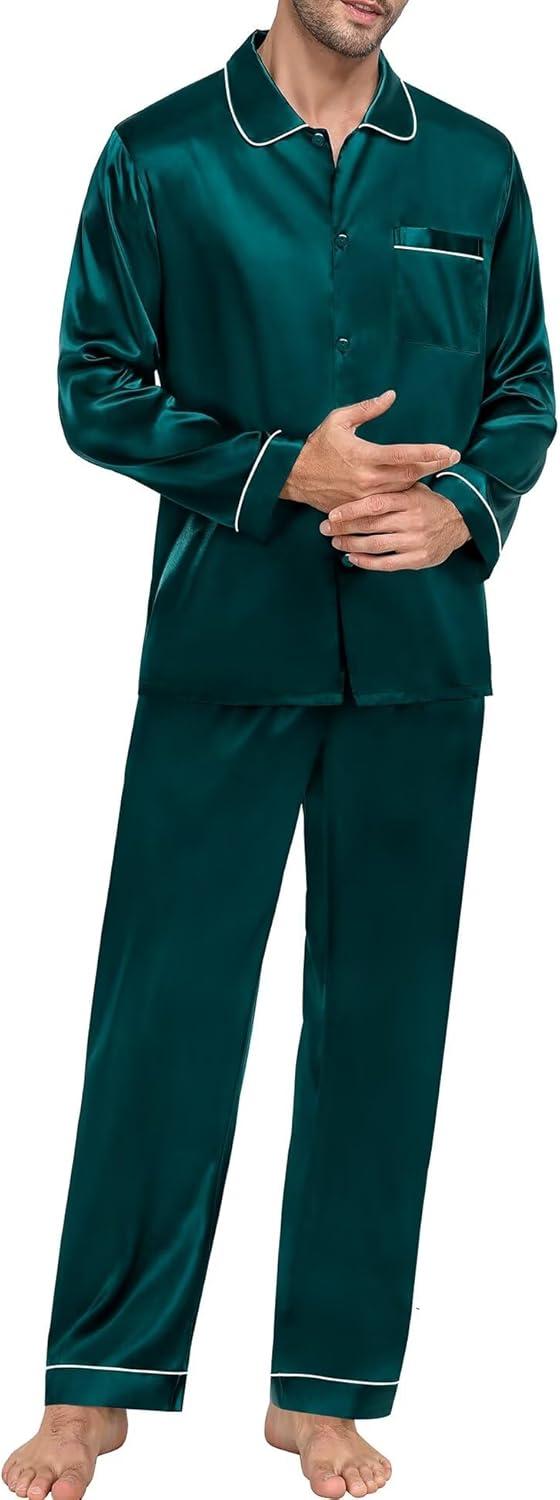imageSWOMOG Family Matching Pajama Set 2Pcs Silk Satin Sleepwear Long Sleeve Button Down LoungewearDark Green
