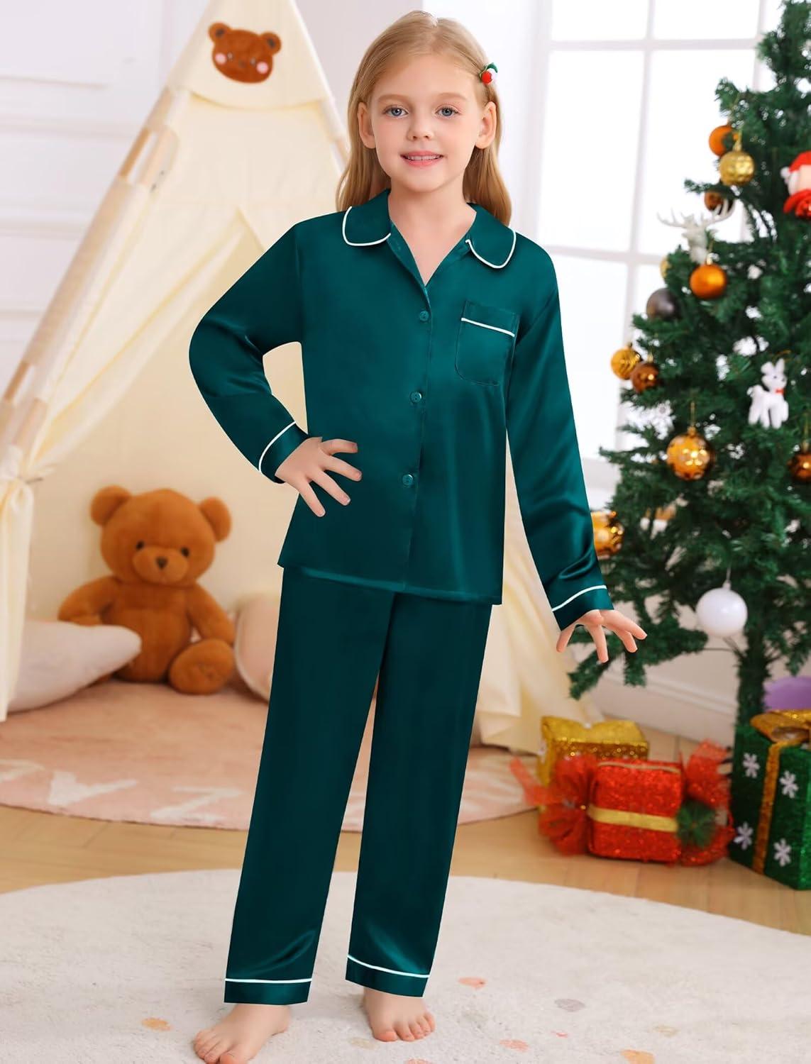imageSWOMOG Family Matching Pajama Set 2Pcs Silk Satin Sleepwear Long Sleeve Button Down LoungewearDark Green