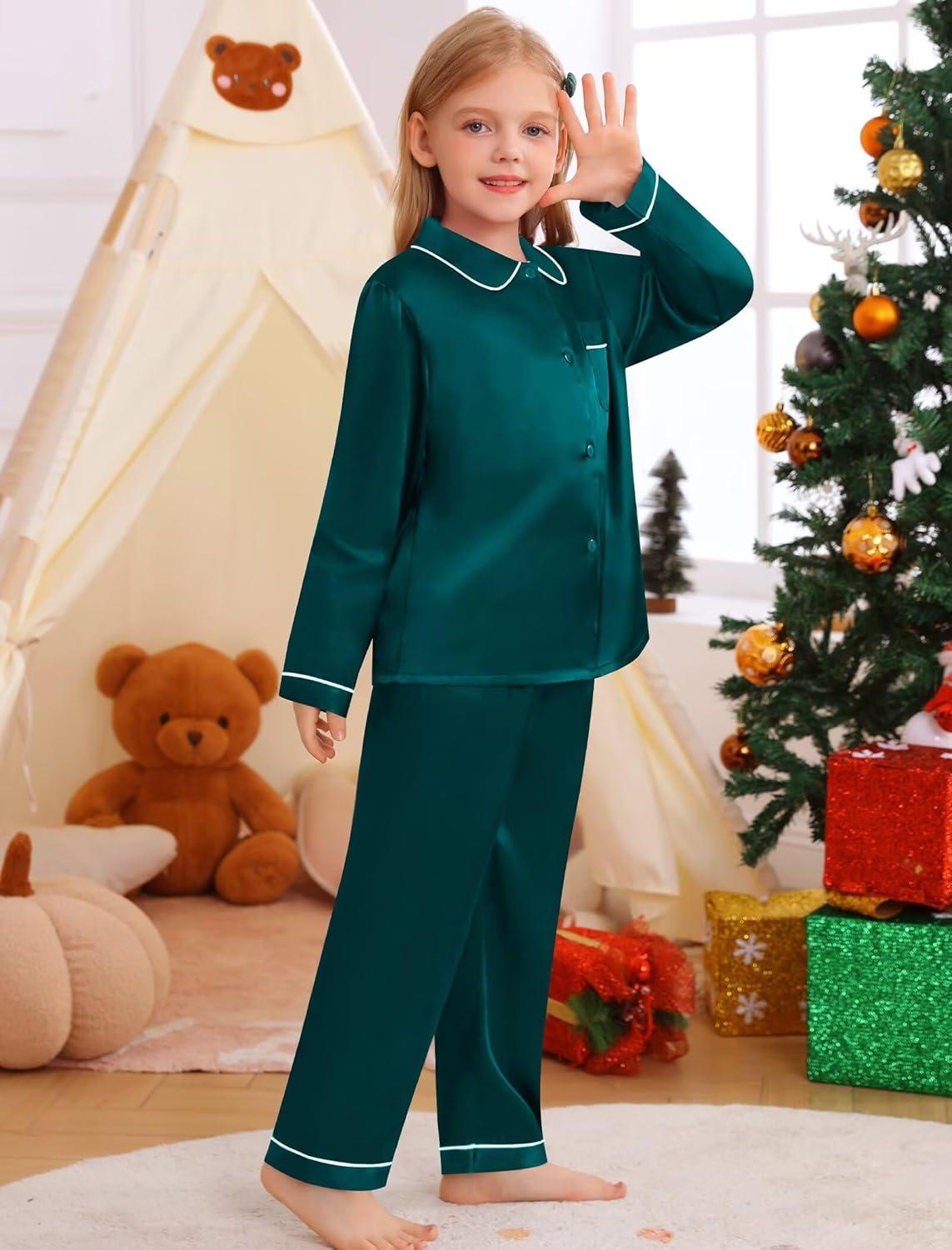 imageSWOMOG Family Matching Pajama Set 2Pcs Silk Satin Sleepwear Long Sleeve Button Down LoungewearDark Green