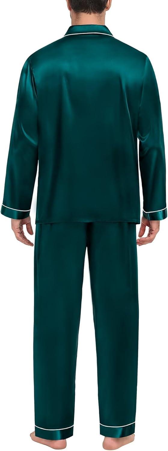 imageSWOMOG Family Matching Pajama Set 2Pcs Silk Satin Sleepwear Long Sleeve Button Down LoungewearDark Green