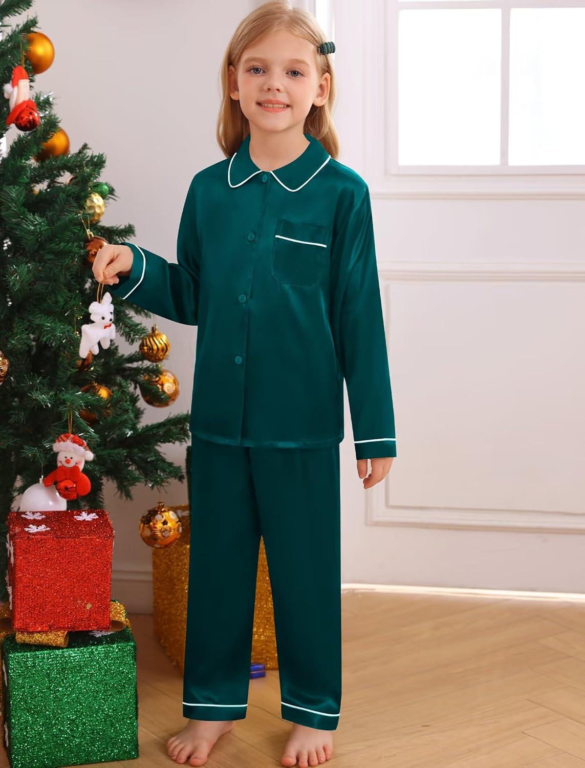 imageSWOMOG Family Matching Pajama Set 2Pcs Silk Satin Sleepwear Long Sleeve Button Down LoungewearDark Green