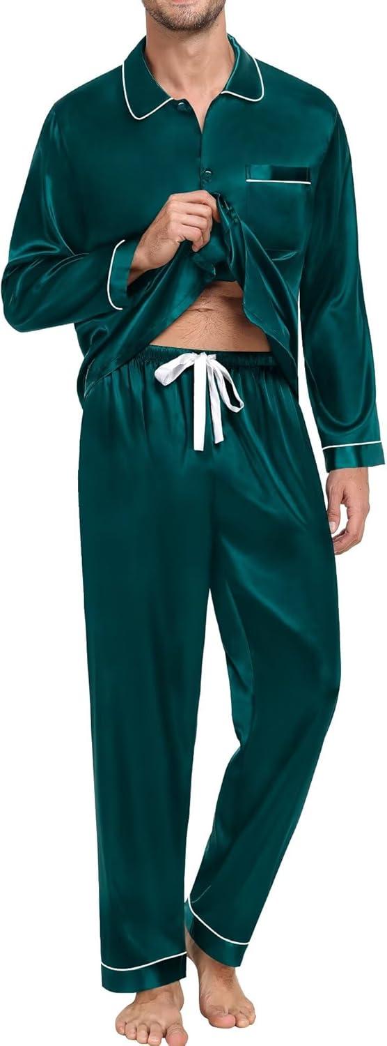 imageSWOMOG Family Matching Pajama Set 2Pcs Silk Satin Sleepwear Long Sleeve Button Down LoungewearDark Green