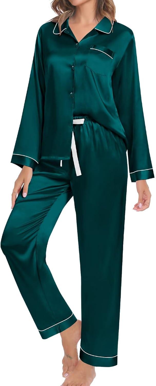 imageSWOMOG Family Matching Pajama Set 2Pcs Silk Satin Sleepwear Long Sleeve Button Down LoungewearDark Green