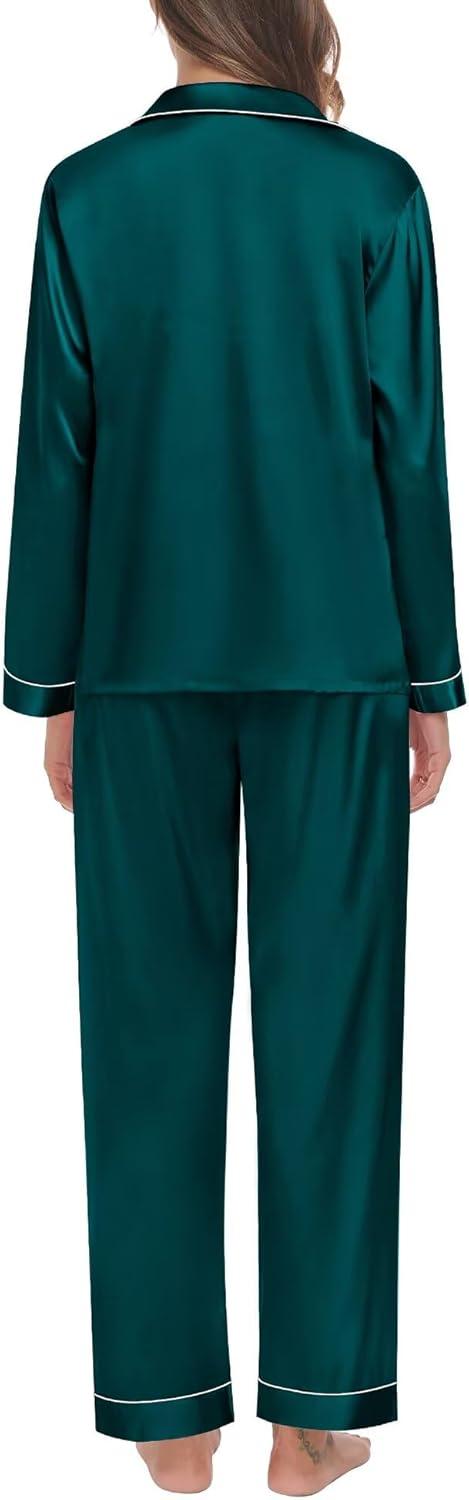 imageSWOMOG Family Matching Pajama Set 2Pcs Silk Satin Sleepwear Long Sleeve Button Down LoungewearDark Green