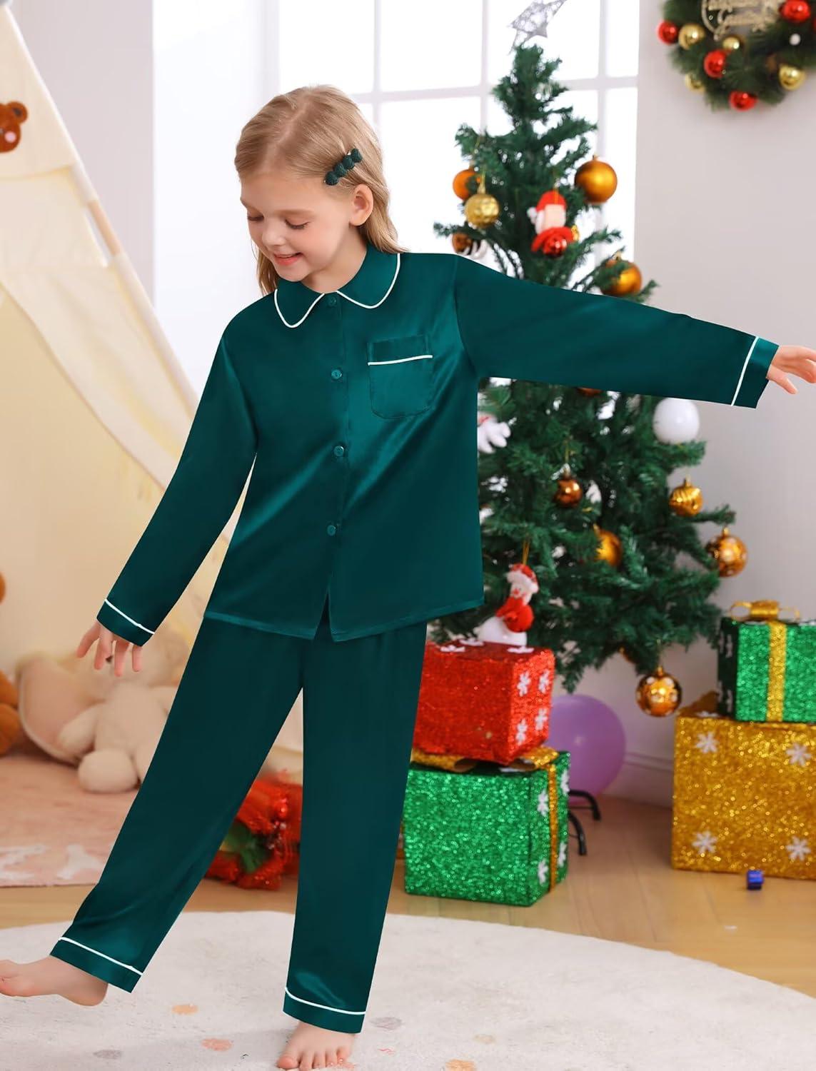 imageSWOMOG Family Matching Pajama Set 2Pcs Silk Satin Sleepwear Long Sleeve Button Down LoungewearDark Green