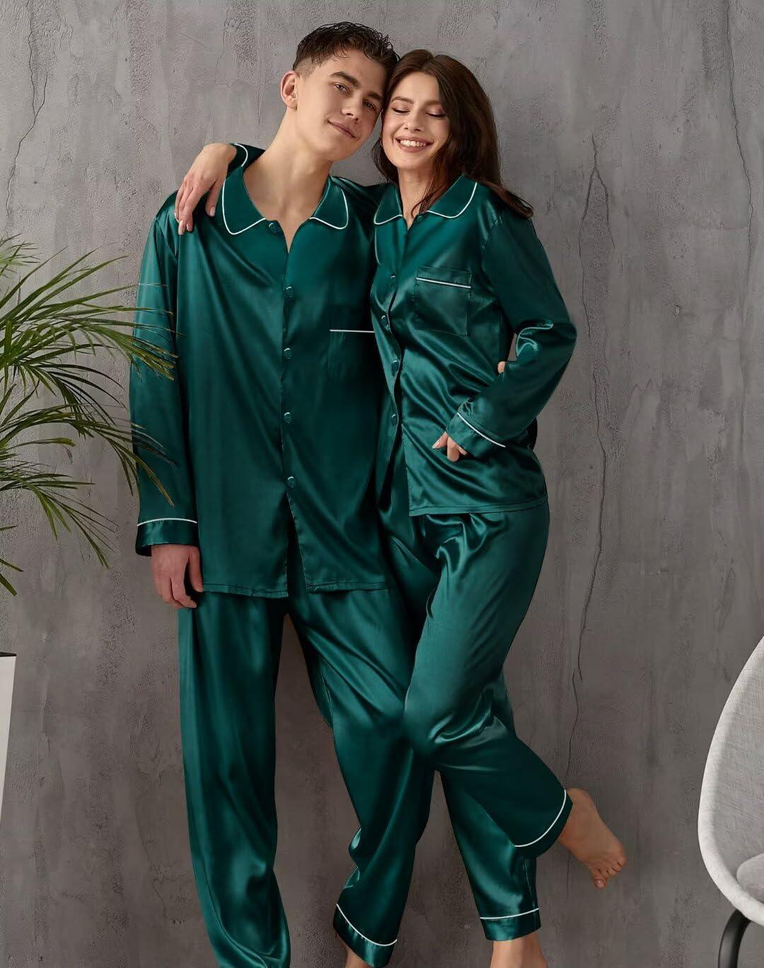 imageSWOMOG Family Matching Pajama Set 2Pcs Silk Satin Sleepwear Long Sleeve Button Down LoungewearDark Green