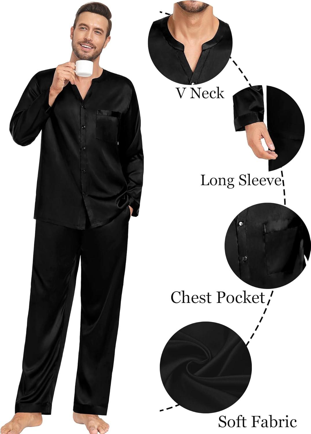 imageSWOMOG Family Matching Pajama Set 2Pcs Silk Satin Sleepwear Long Sleeve Button Down LoungewearDeep Black