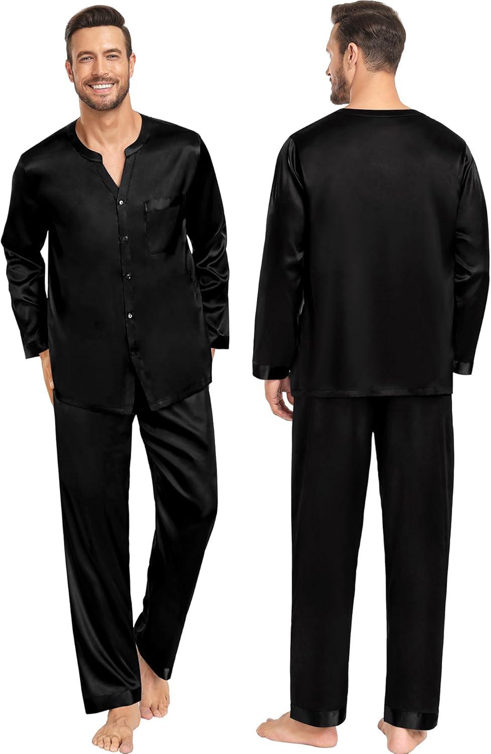 imageSWOMOG Family Matching Pajama Set 2Pcs Silk Satin Sleepwear Long Sleeve Button Down LoungewearDeep Black