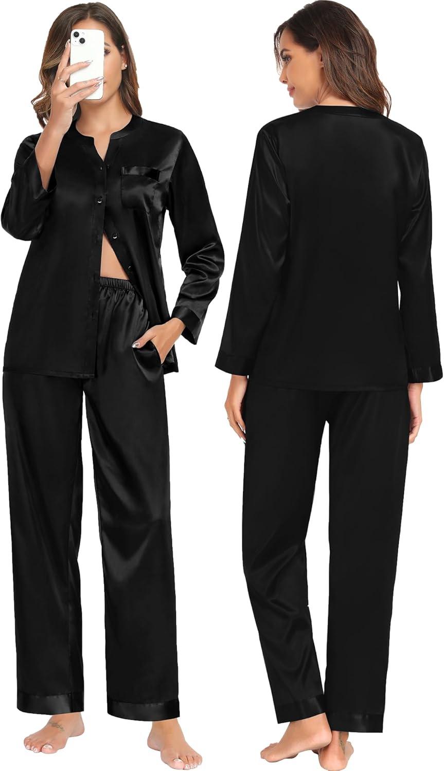imageSWOMOG Family Matching Pajama Set 2Pcs Silk Satin Sleepwear Long Sleeve Button Down LoungewearDeep Black