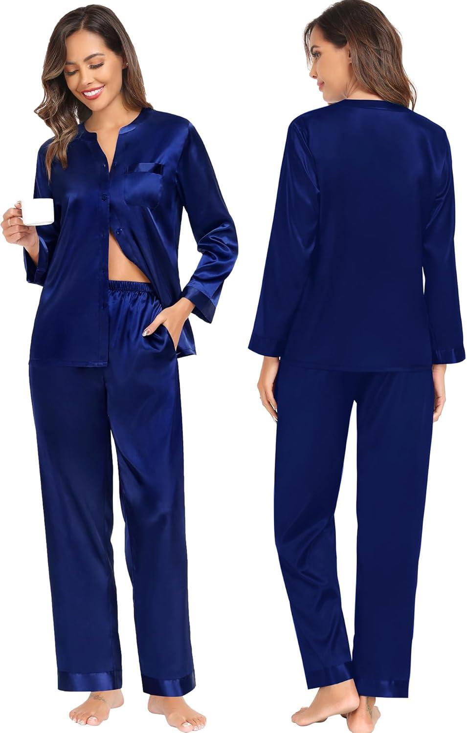 imageSWOMOG Family Matching Pajama Set 2Pcs Silk Satin Sleepwear Long Sleeve Button Down LoungewearDeep Navy Blue