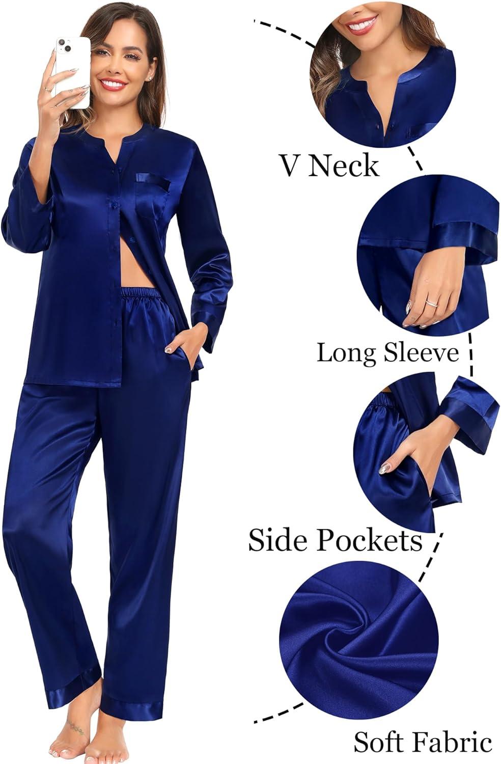 imageSWOMOG Family Matching Pajama Set 2Pcs Silk Satin Sleepwear Long Sleeve Button Down LoungewearDeep Navy Blue