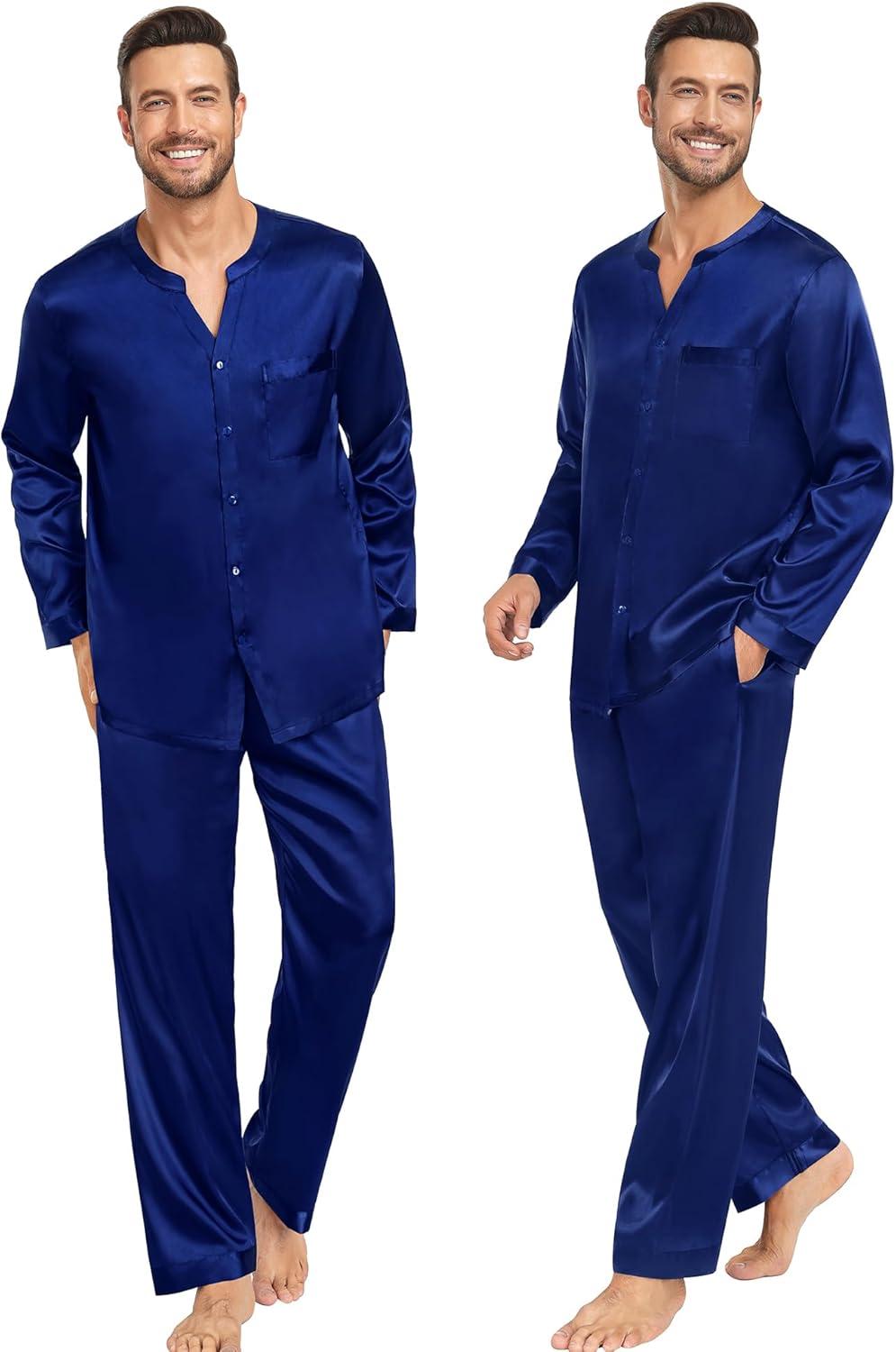 imageSWOMOG Family Matching Pajama Set 2Pcs Silk Satin Sleepwear Long Sleeve Button Down LoungewearDeep Navy Blue