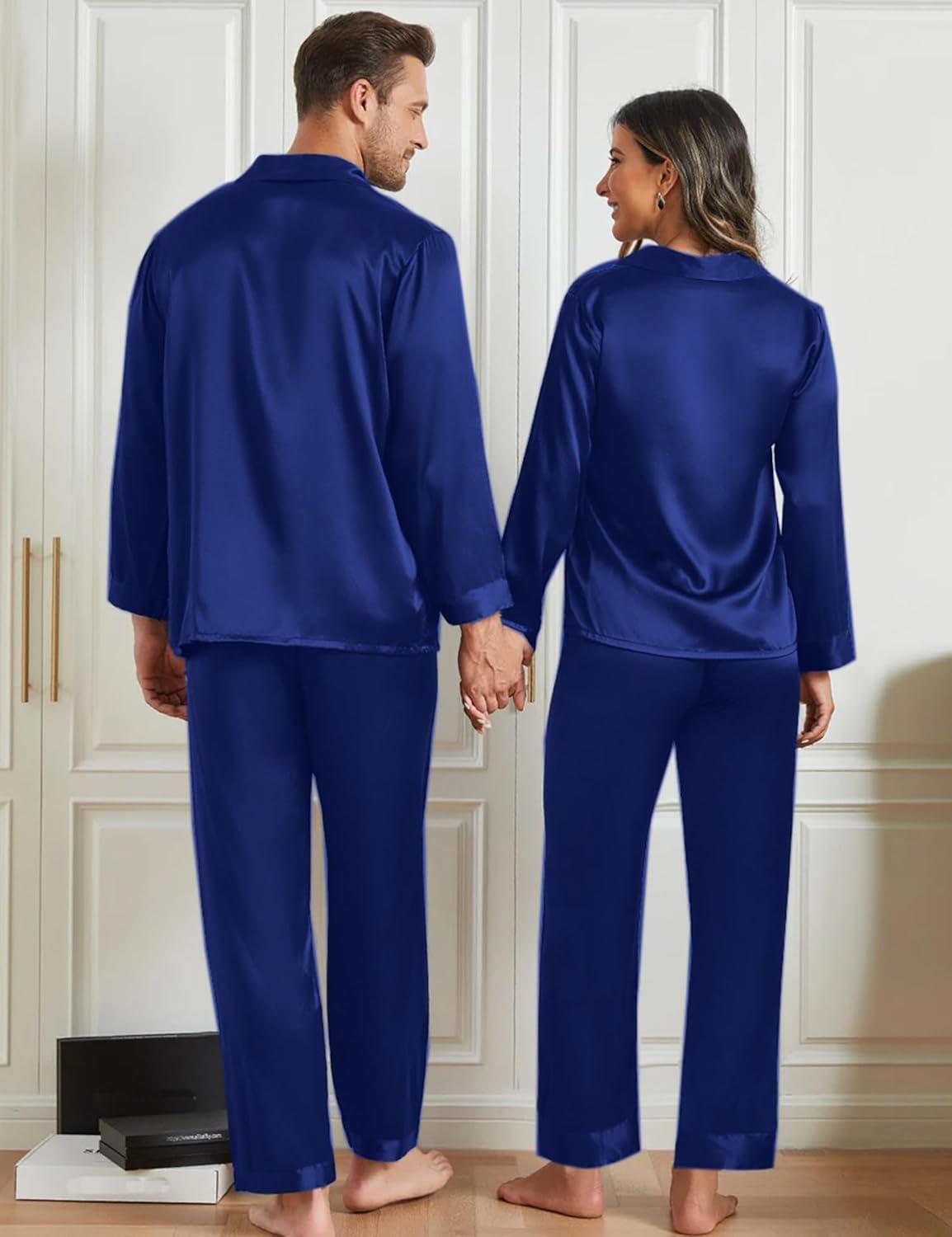 imageSWOMOG Family Matching Pajama Set 2Pcs Silk Satin Sleepwear Long Sleeve Button Down LoungewearDeep Navy Blue