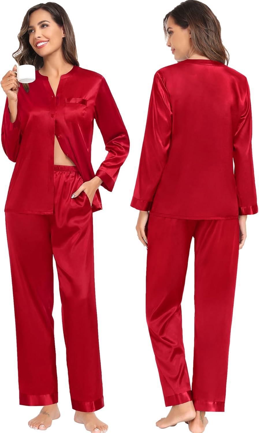 imageSWOMOG Family Matching Pajama Set 2Pcs Silk Satin Sleepwear Long Sleeve Button Down LoungewearDeep Red