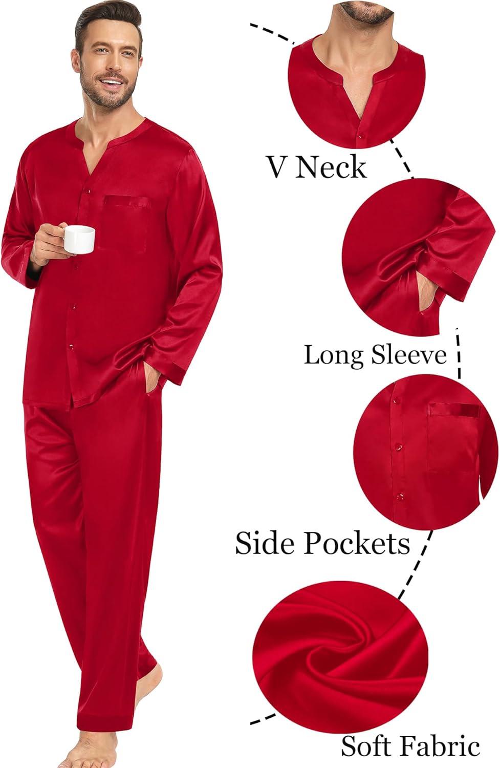 imageSWOMOG Family Matching Pajama Set 2Pcs Silk Satin Sleepwear Long Sleeve Button Down LoungewearDeep Red