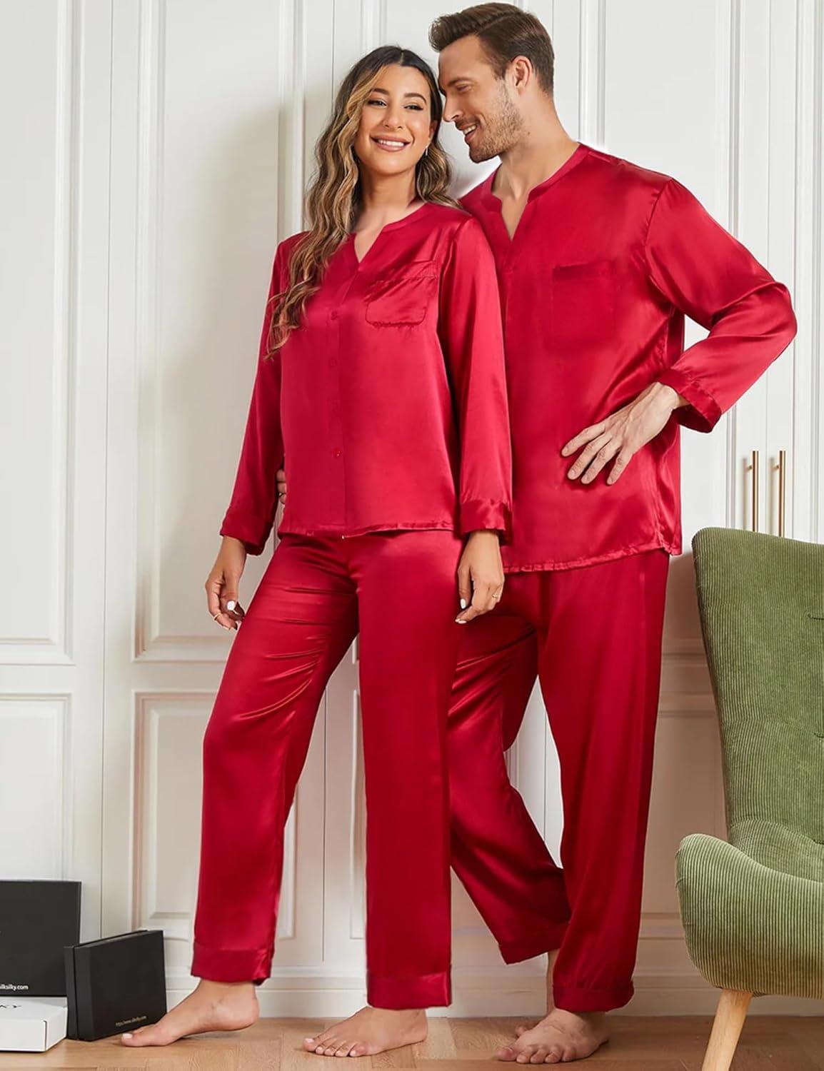 imageSWOMOG Family Matching Pajama Set 2Pcs Silk Satin Sleepwear Long Sleeve Button Down LoungewearDeep Red