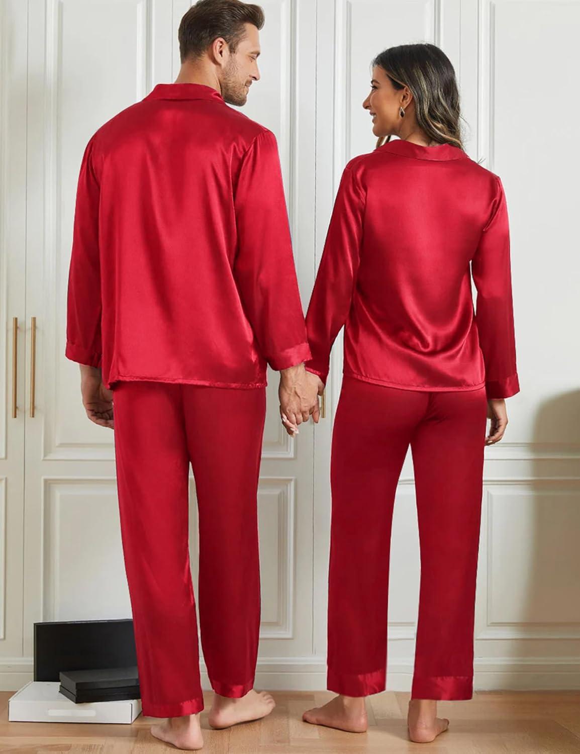 imageSWOMOG Family Matching Pajama Set 2Pcs Silk Satin Sleepwear Long Sleeve Button Down LoungewearDeep Red