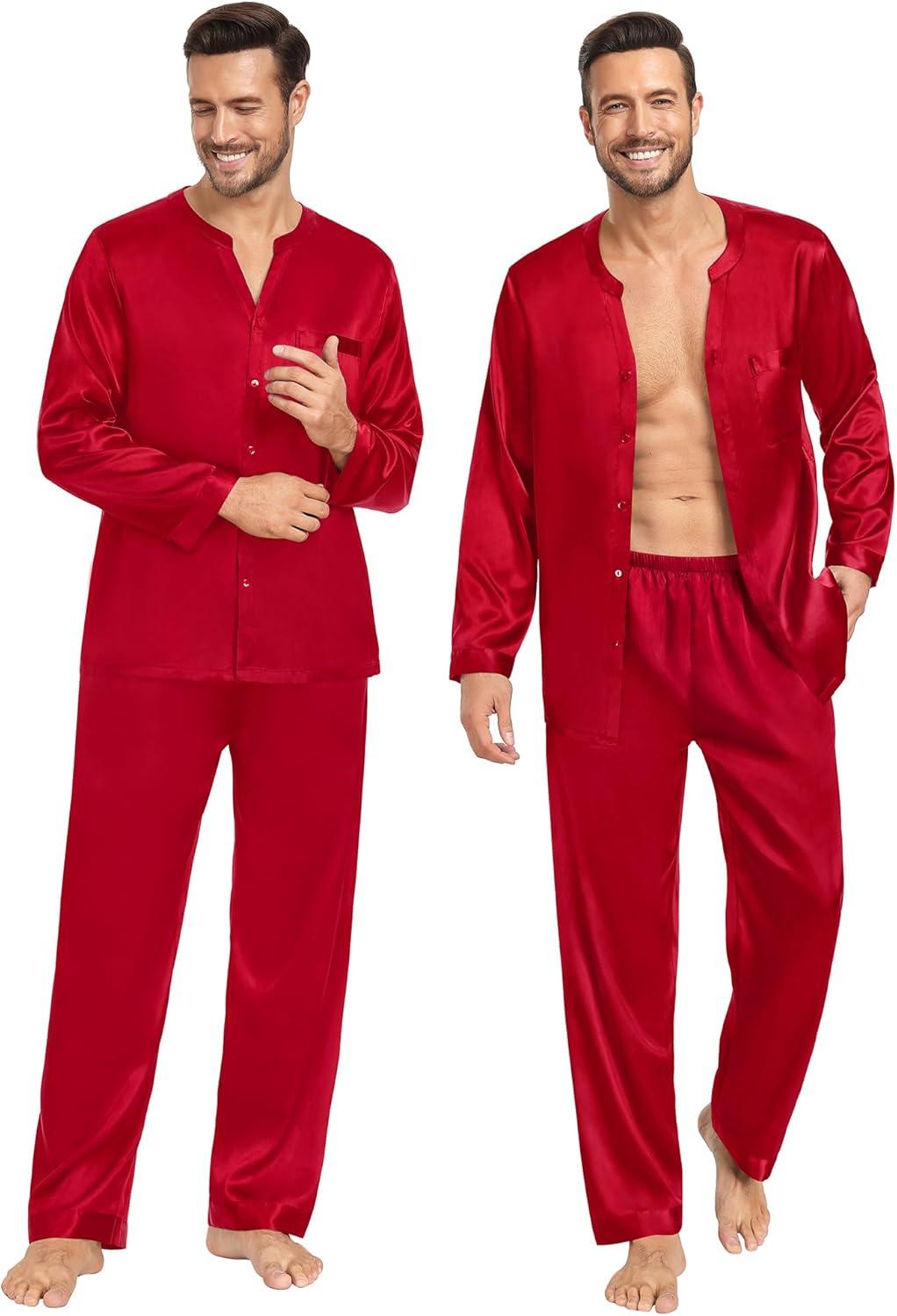 imageSWOMOG Family Matching Pajama Set 2Pcs Silk Satin Sleepwear Long Sleeve Button Down LoungewearDeep Red