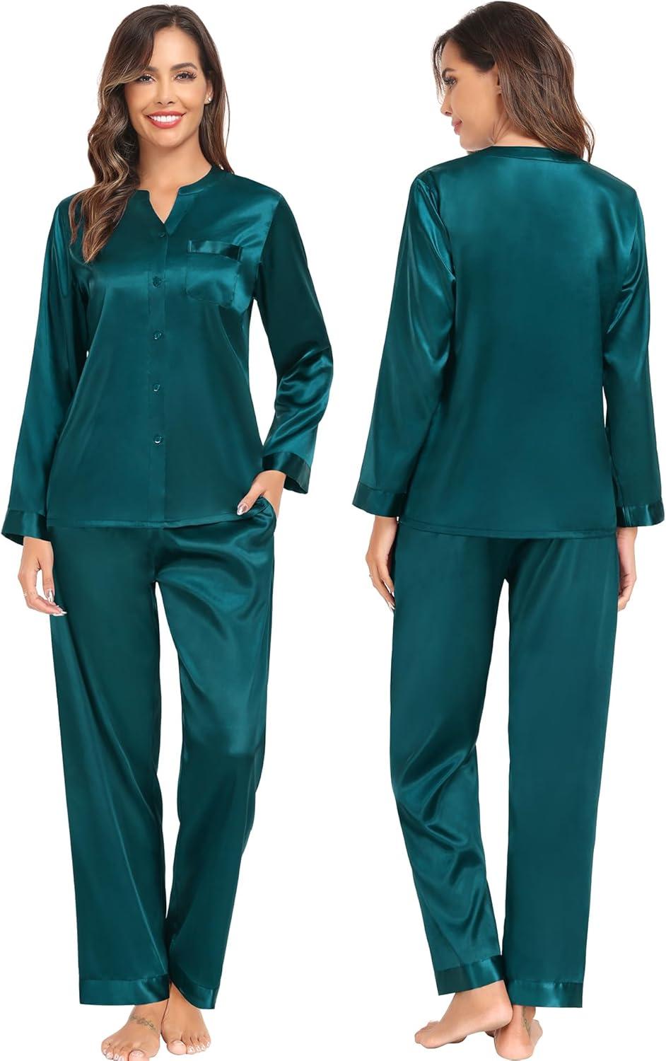 imageSWOMOG Family Matching Pajama Set 2Pcs Silk Satin Sleepwear Long Sleeve Button Down LoungewearGreen